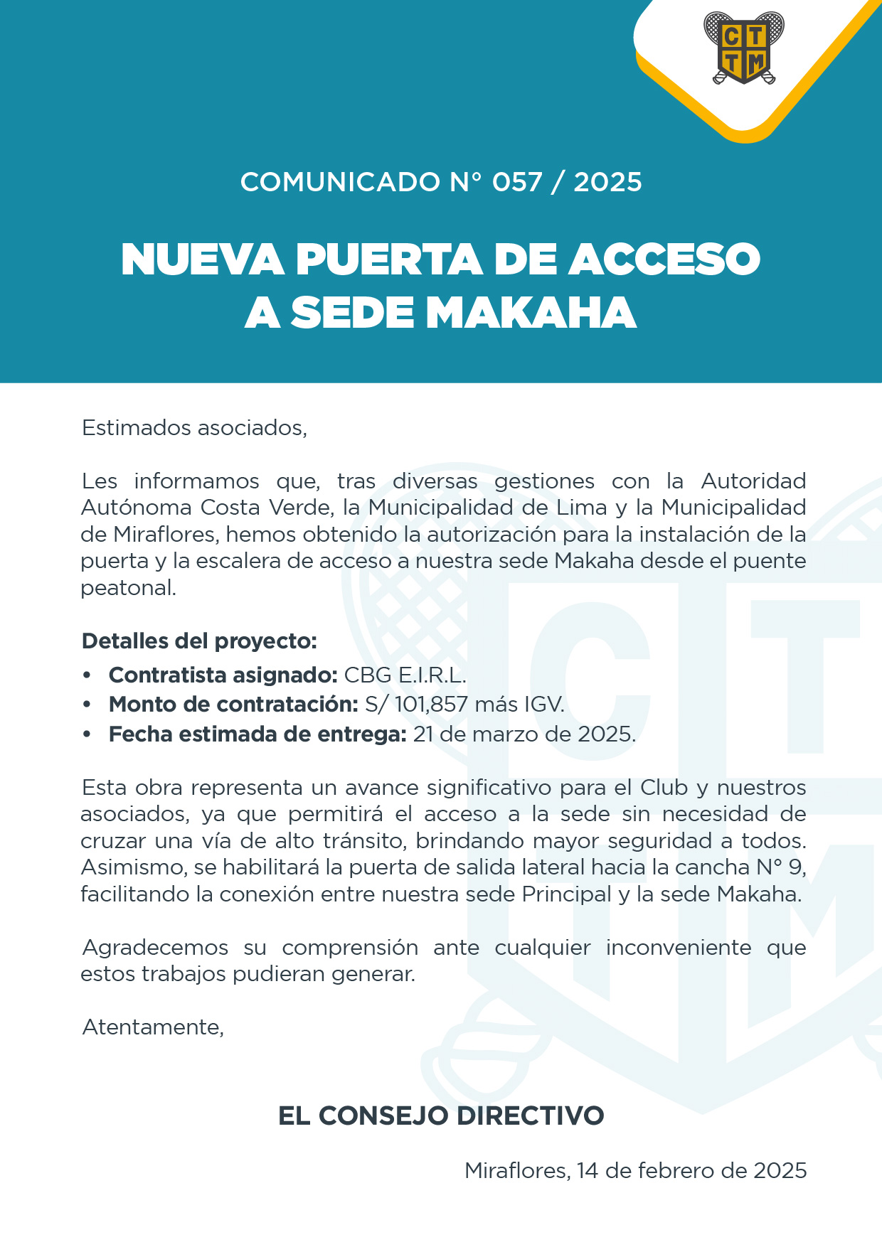 📣COMUNICADO N°057 | 2025: NUEVA PUERTA DE ACCESO A SEDE MAKAHA