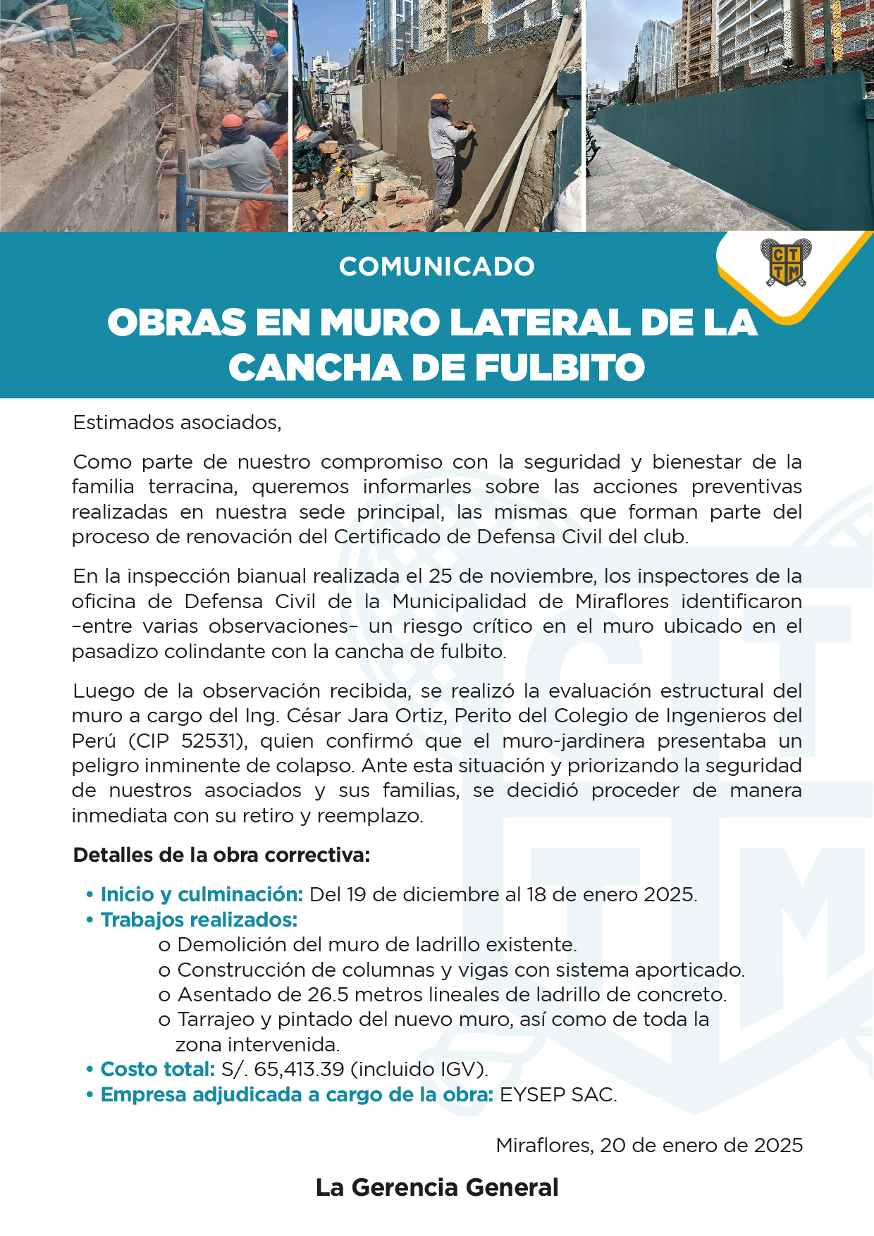 COMUNICADO: OBRAS EN MURO LATERAL DE LA CANCHA DE FULBITO 📢