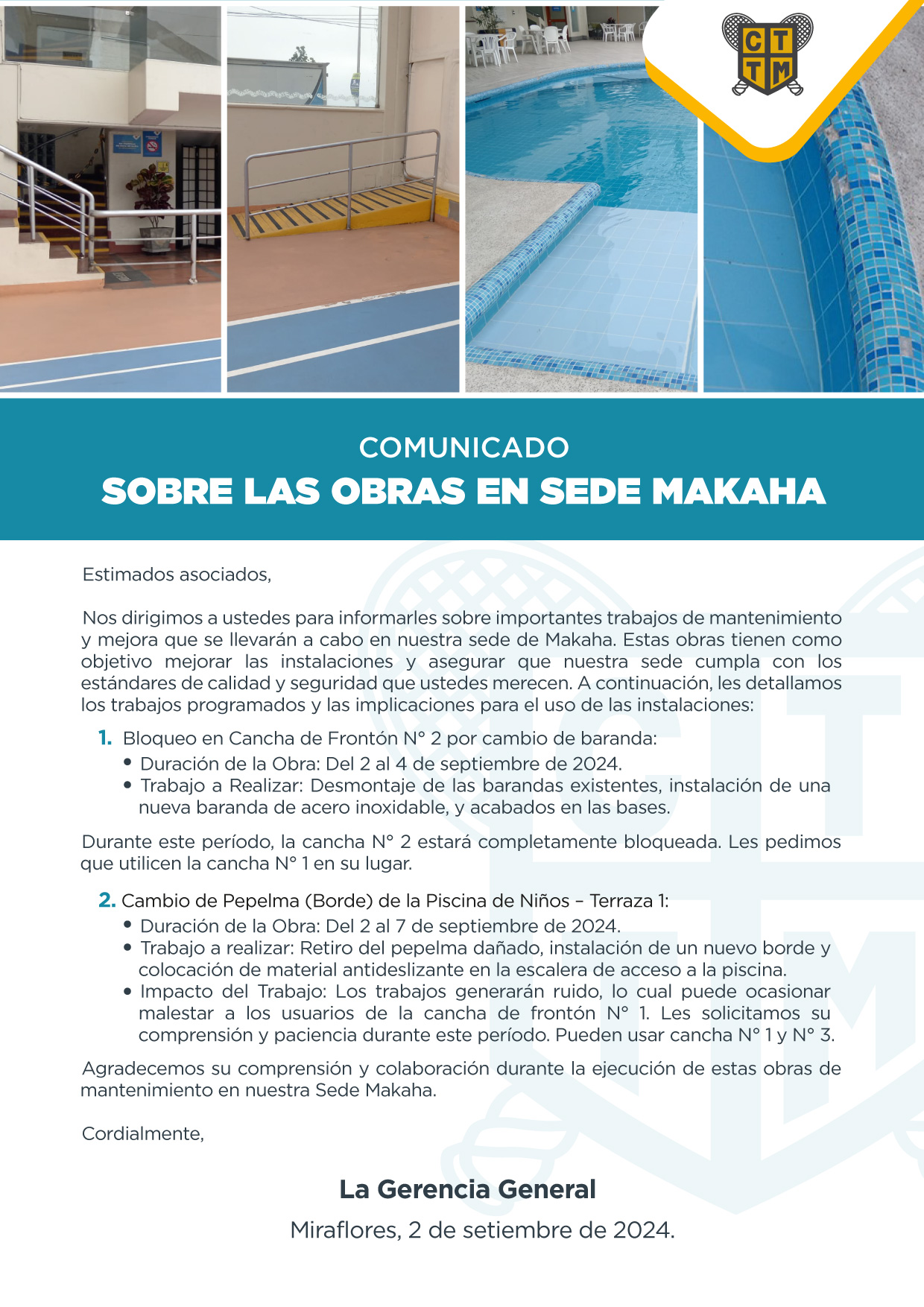COMUNICADO SOBRE OBRAS EN SEDE MAKAHA 
