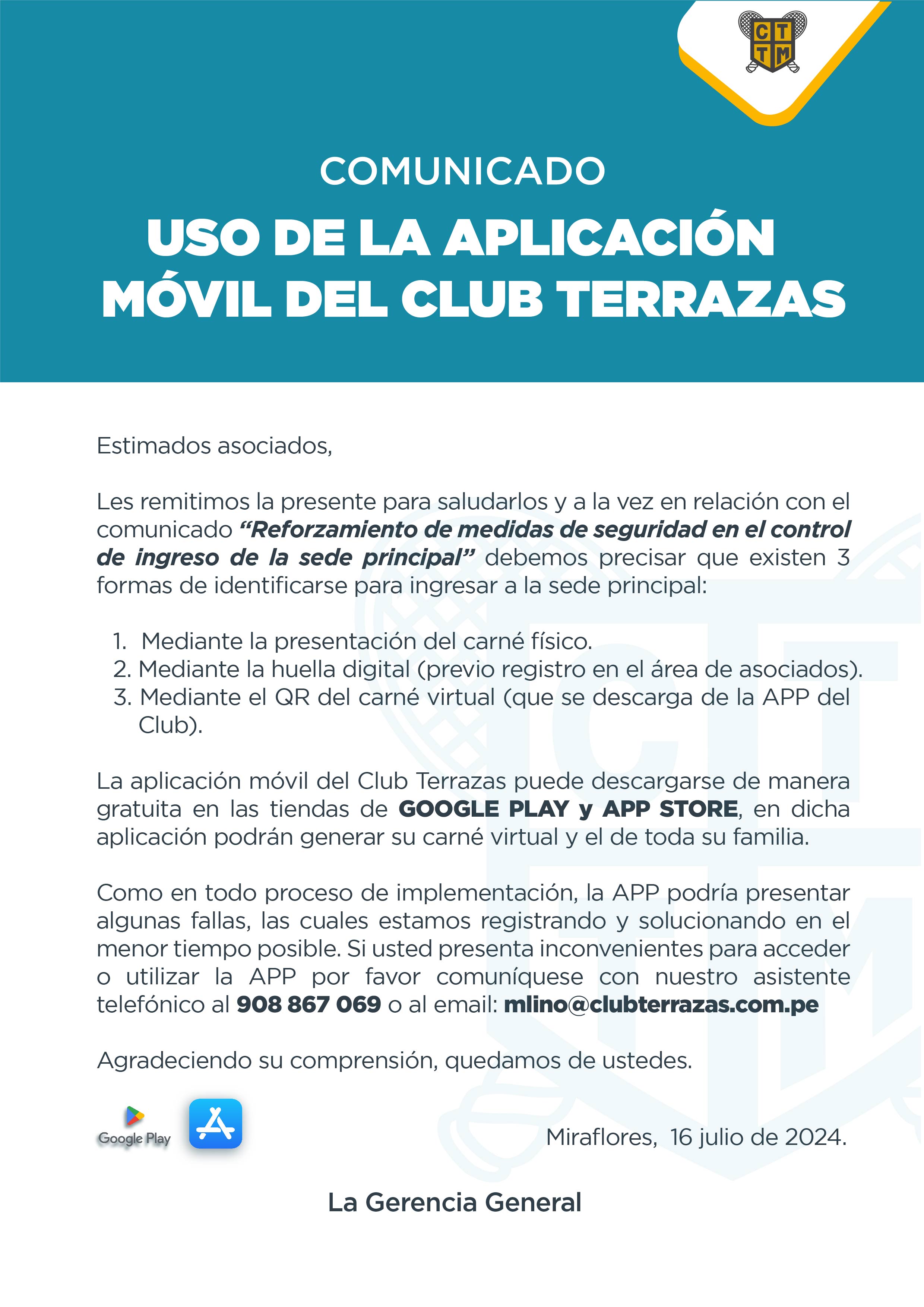 COMUNICADO:USO DE LA APLICACIÓN MÓVIL DEL CLUB TERRAZAS