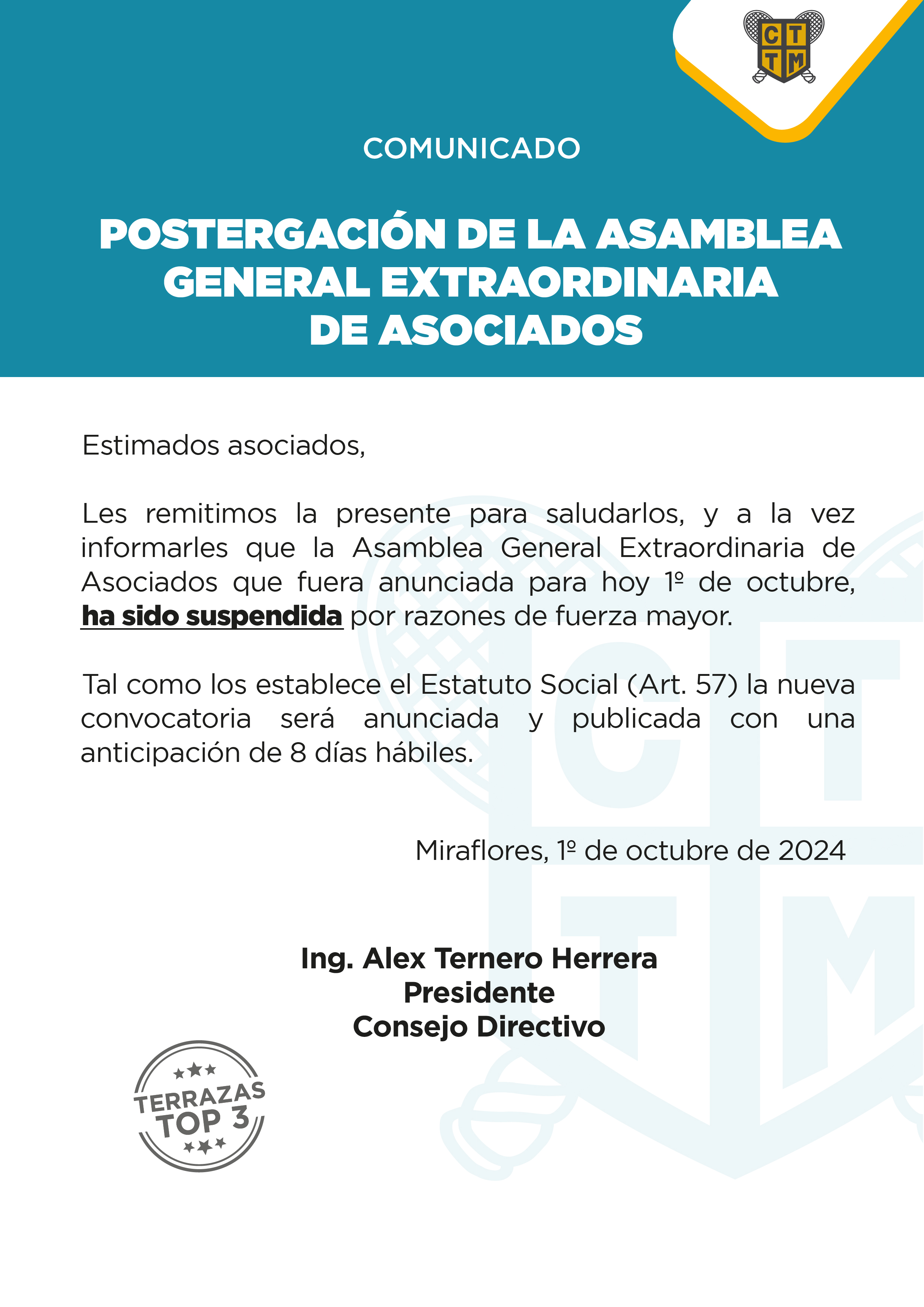 COMUNICADO: POSTERGACIÓN DE LA ASAMBLEA  GENERAL EXTRAORDINARIA DE ASOCIADOS