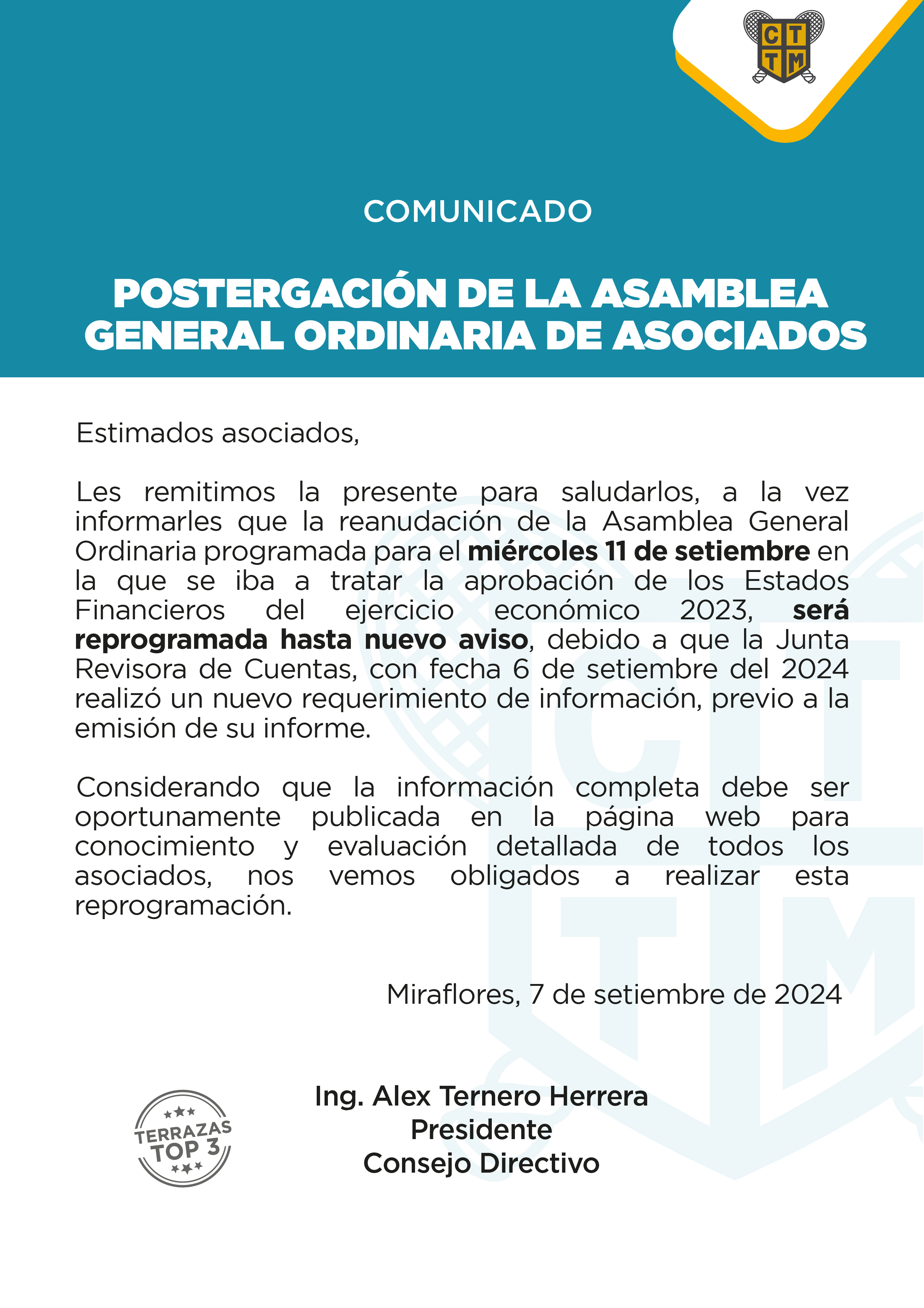 COMUNICADO POSTERGACIÓN DE LA ASAMBLEA  GENERAL ORDINARIA DE ASOCIADOS