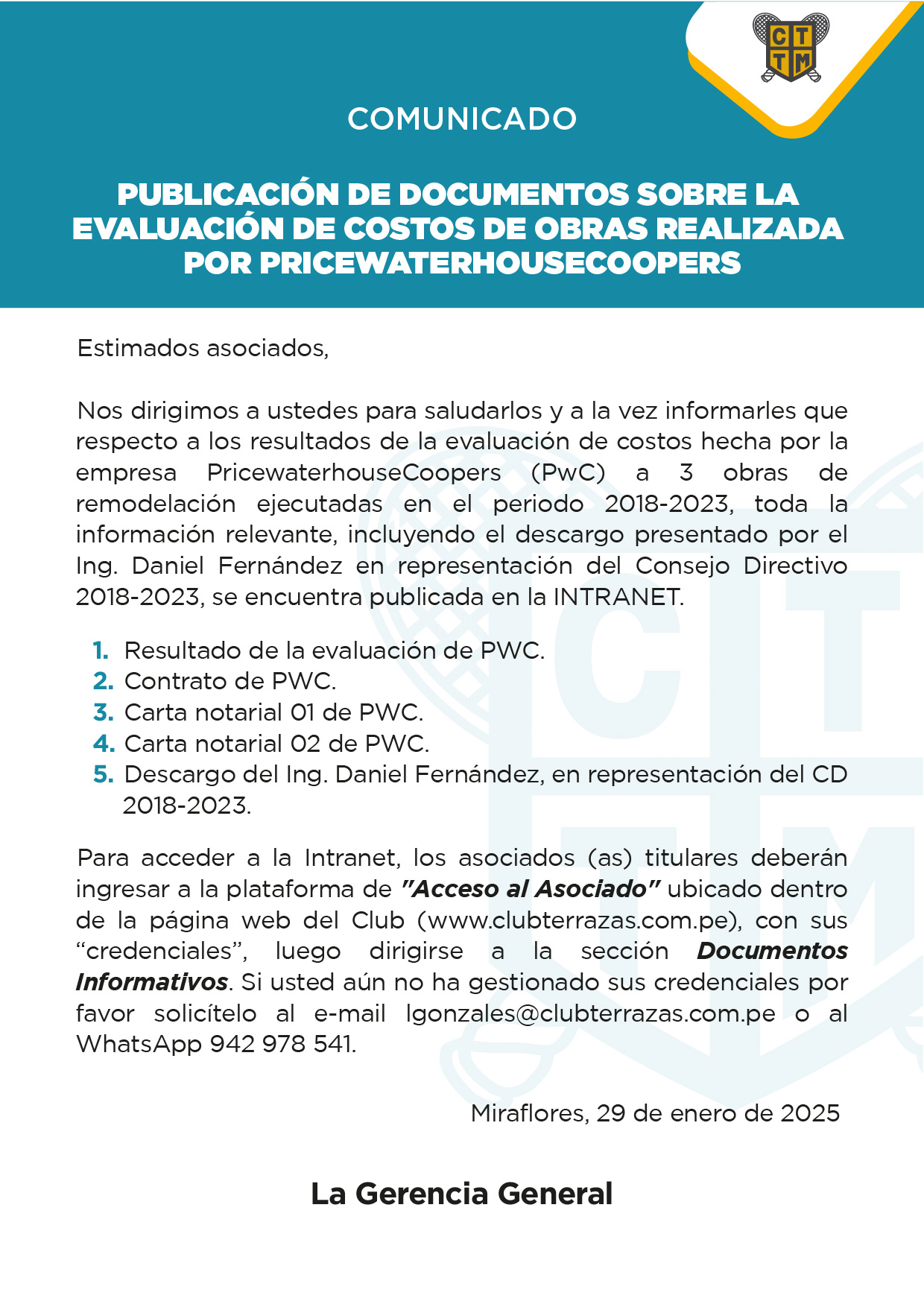 📢COMUNICADO: PUBLICACIÓN DE DOCUMENTOS SOBRE LA EVALUACIÓN DE COSTOS DE OBRAS REALIZADA POR PRICEWATERHOUSECOOPERS 
