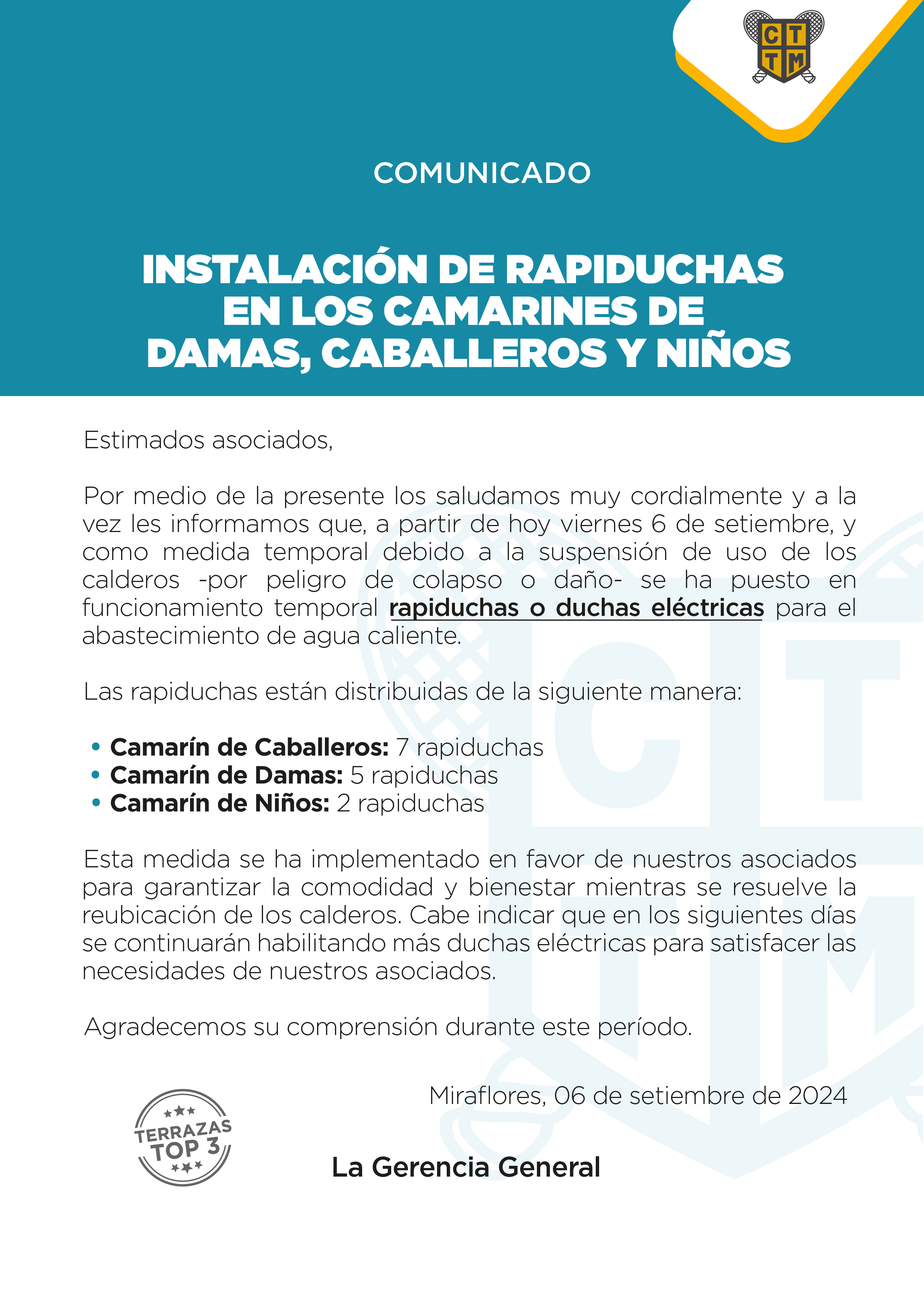 INSTALACIÓN DE RAPIDUCHAS EN LOS CAMARINES DE DAMAS, CABALLEROS Y NIÑOS