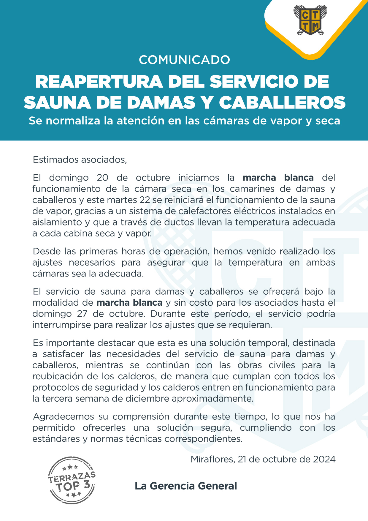 COMUNICADO - REAPERTURA DEL SERVICIO DE SAUNA DE DAMAS Y CABALLEROS