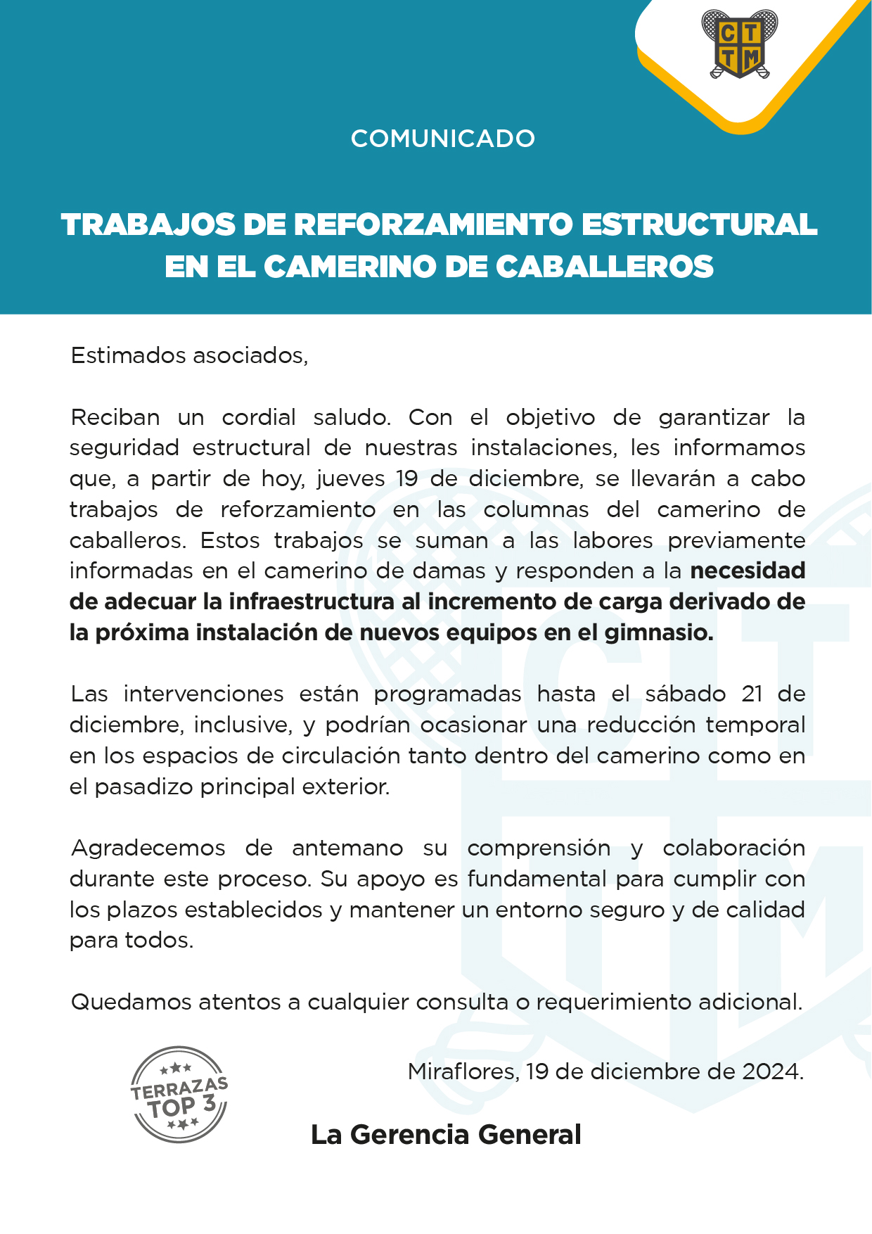 📢 COMUNICADO:TRABAJOS DE REFORZAMIENTO ESTRUCTURAL EN EL CAMERINO DE CABALLEROS 🛠️