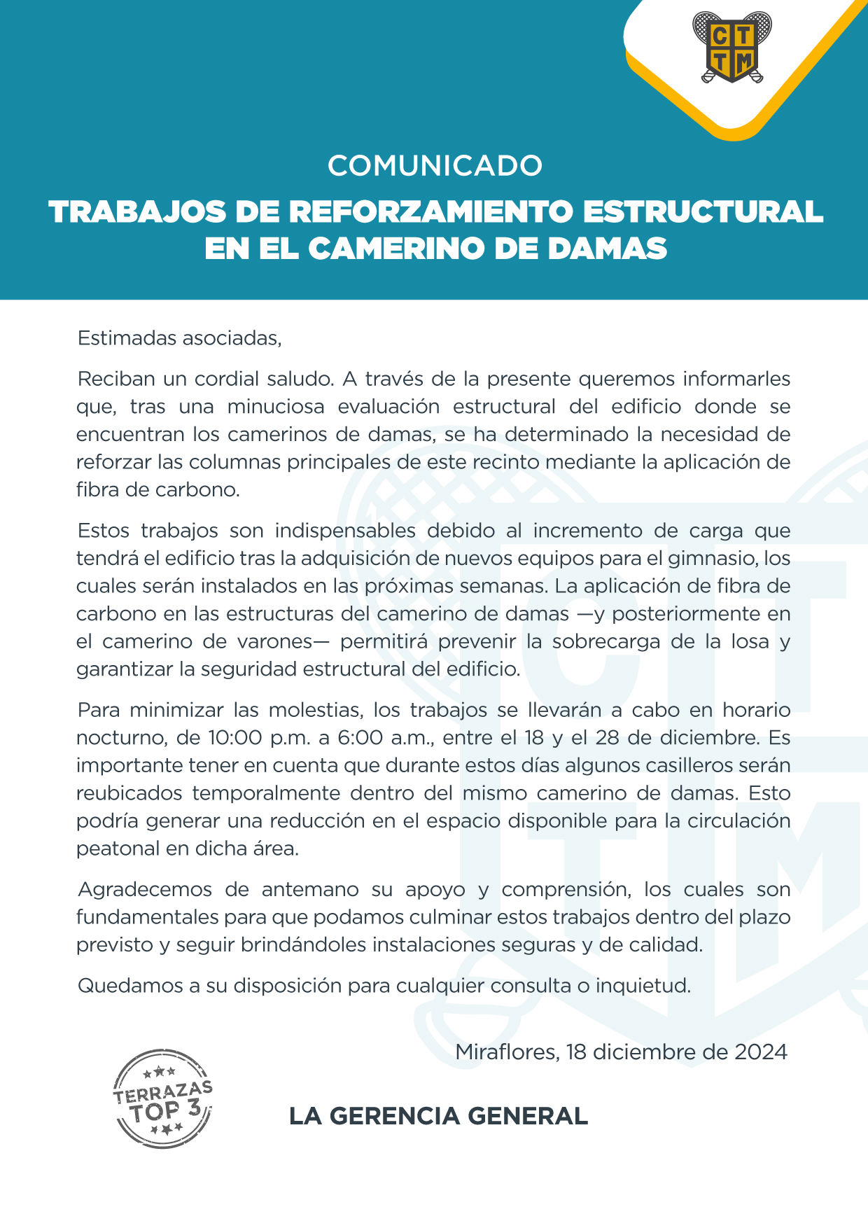 📢 COMUNICADO:TRABAJOS DE REFORZAMIENTO ESTRUCTURAL EN EL CAMERINO DE DAMAS 🛠️
