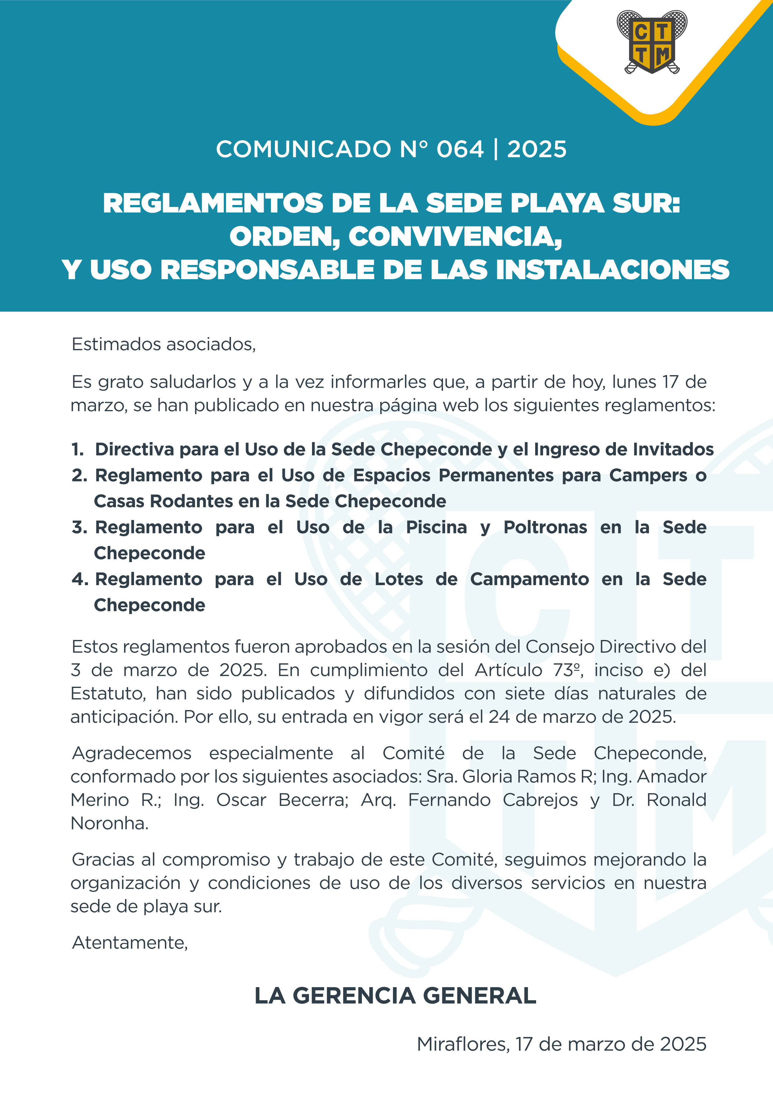 📣COMUNICADO N°064 | 2025: REGLAMENTOS DE LA SEDE PLAYA SUR: ORDEN, CONVIVENCIA, Y USO RESPONSABLE DE LAS INSTALACIONES