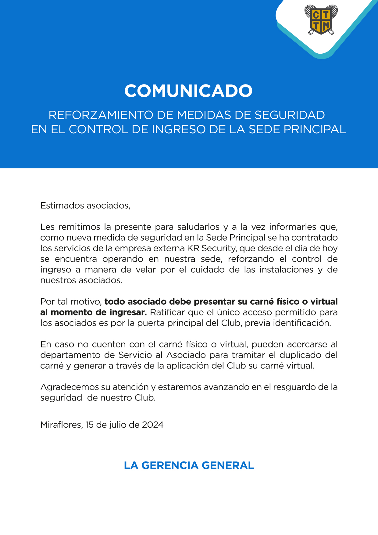 COMUNICADO:  REFORZAMIENTO DE MEDIDAS DE SEGURIDAD