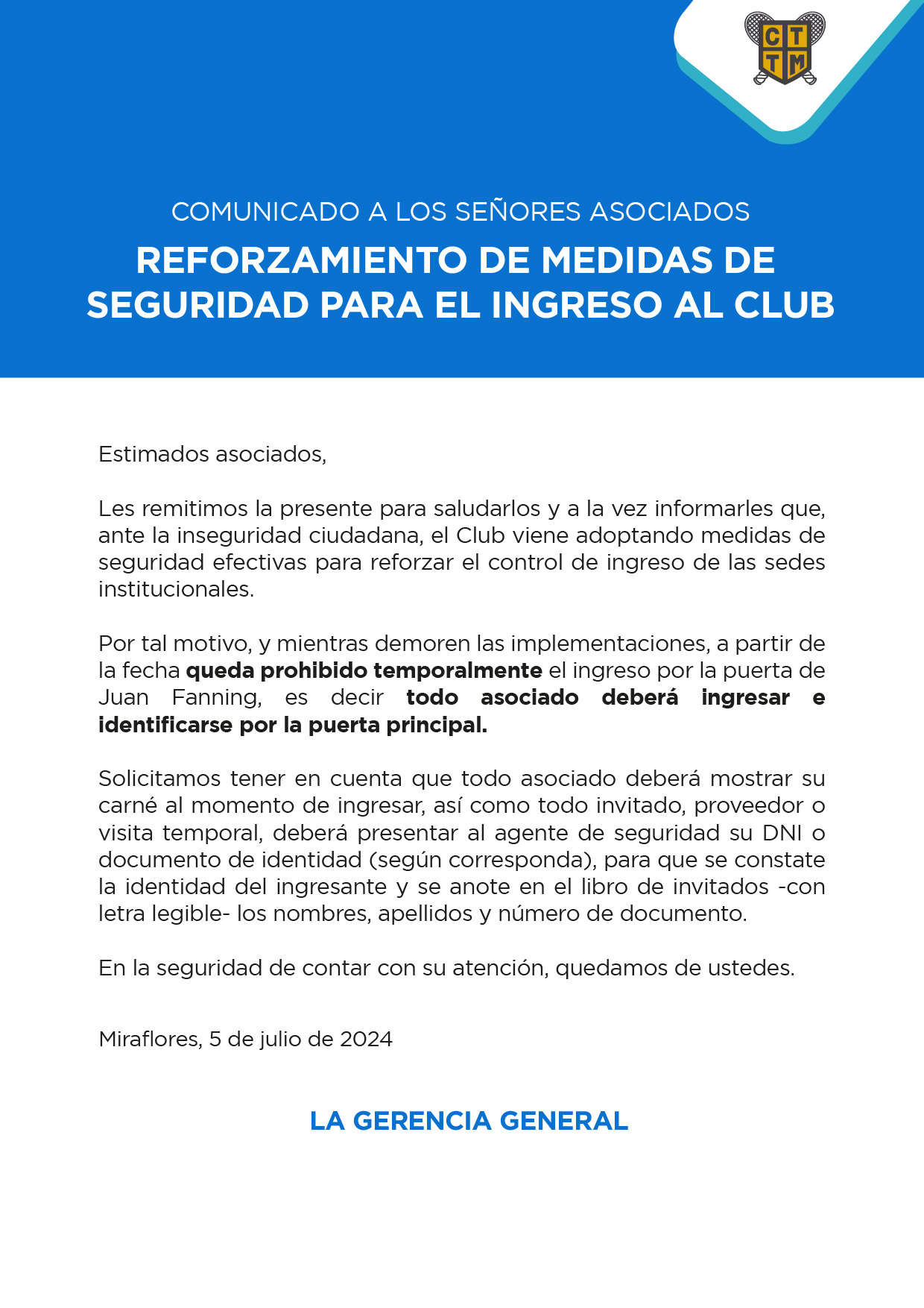 COMUNICADO A LOS SEÑORES ASOCIADOS