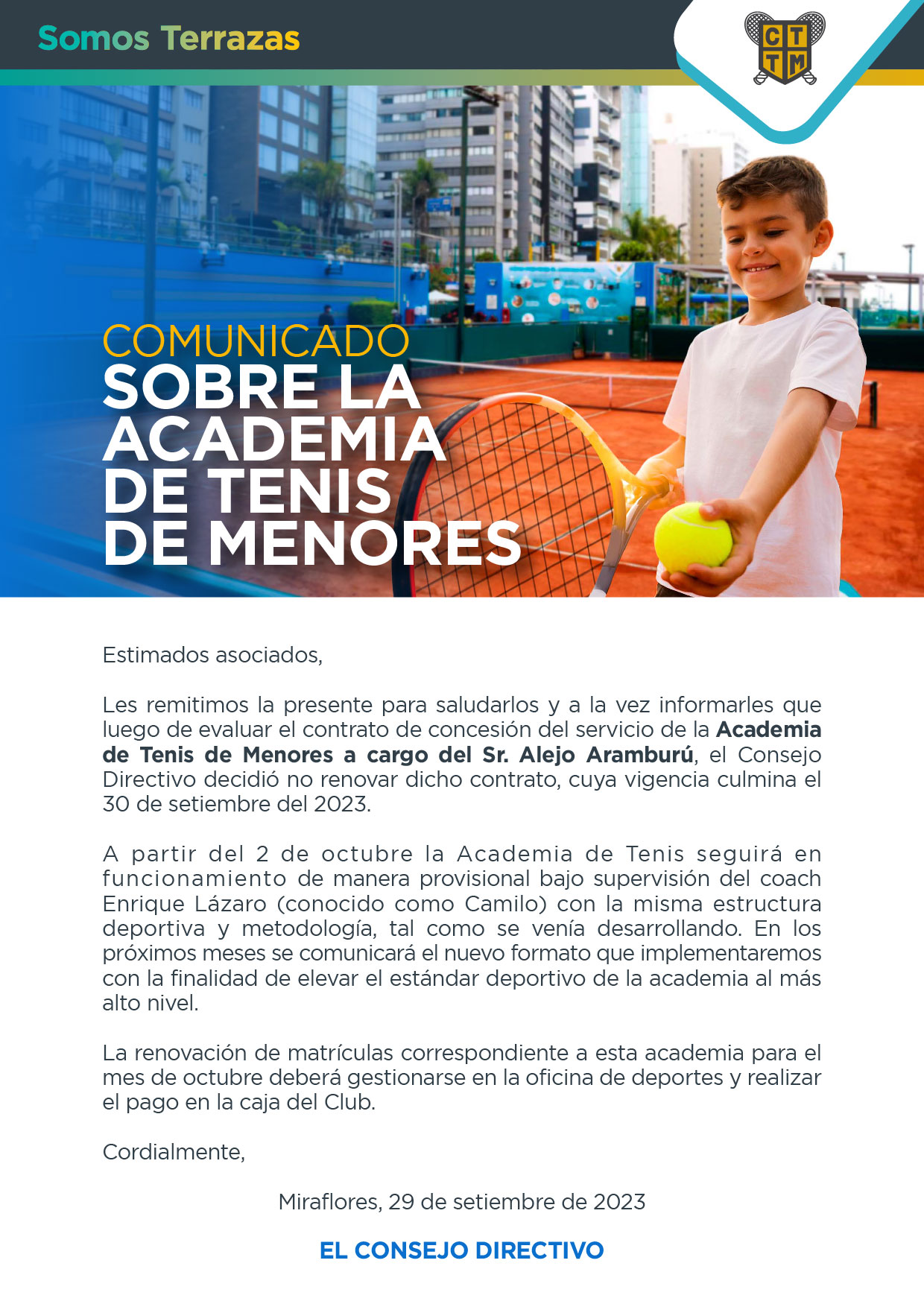 COMUNICADO SOBRE LA ACADEMIA DE TENIS DE MENORES