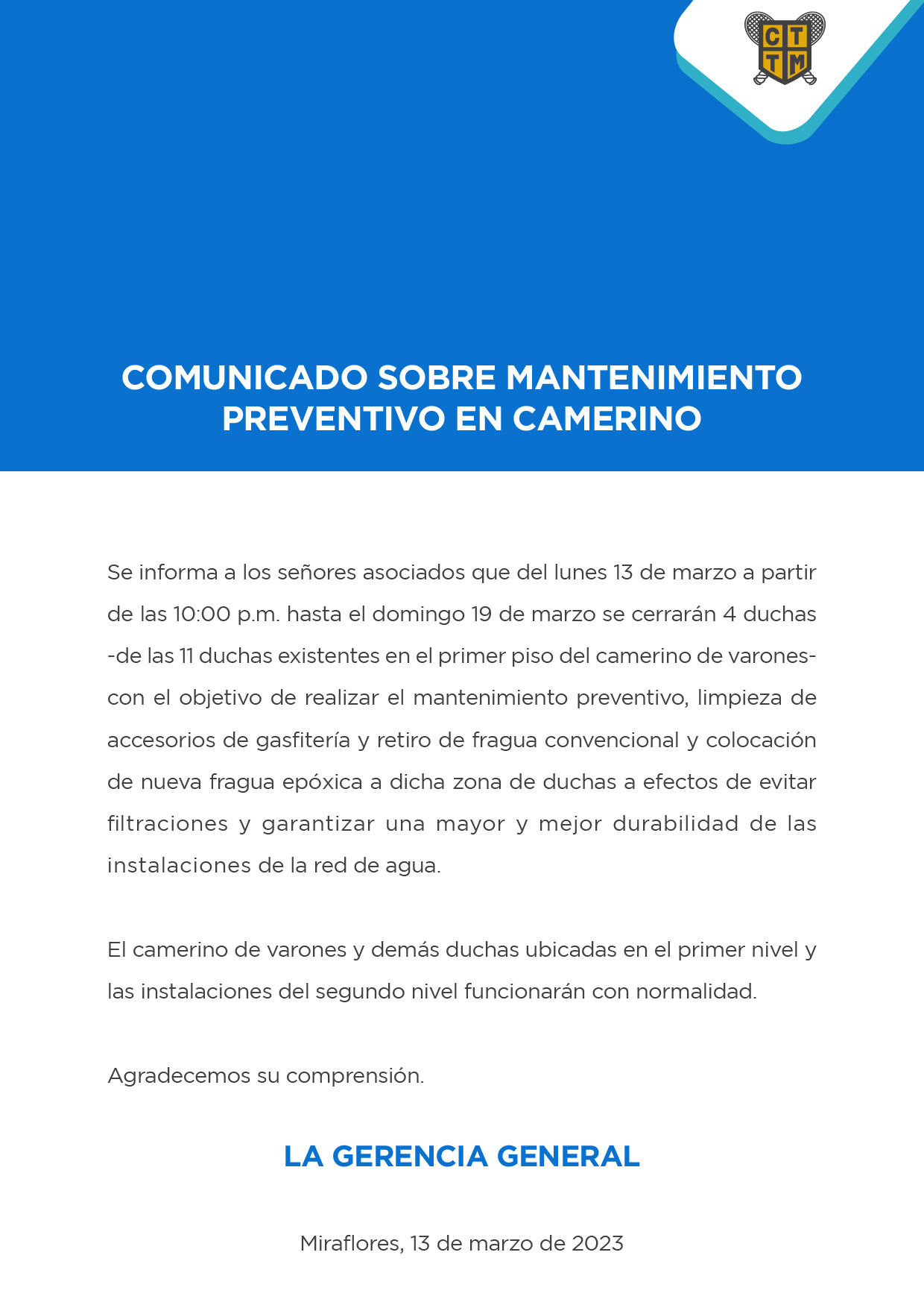 COMUNICADO SOBRE MANTENIMIENTO PREVENTIVO EN CAMERINO