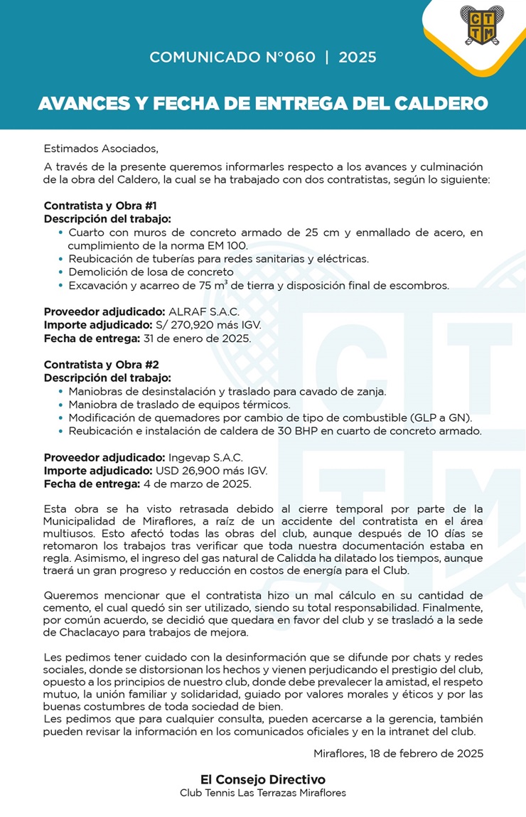 📣COMUNICADO N°060 | 2025: AVANCES Y FECHA DE ENTREGA DEL CALDERO