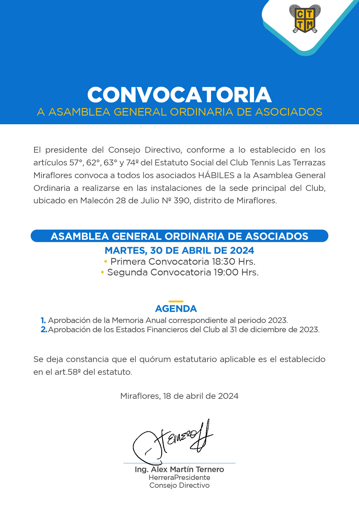 CONVOCATORIA A ASAMBLEA GENERAL ORDINARIA DE ASOCIADOS