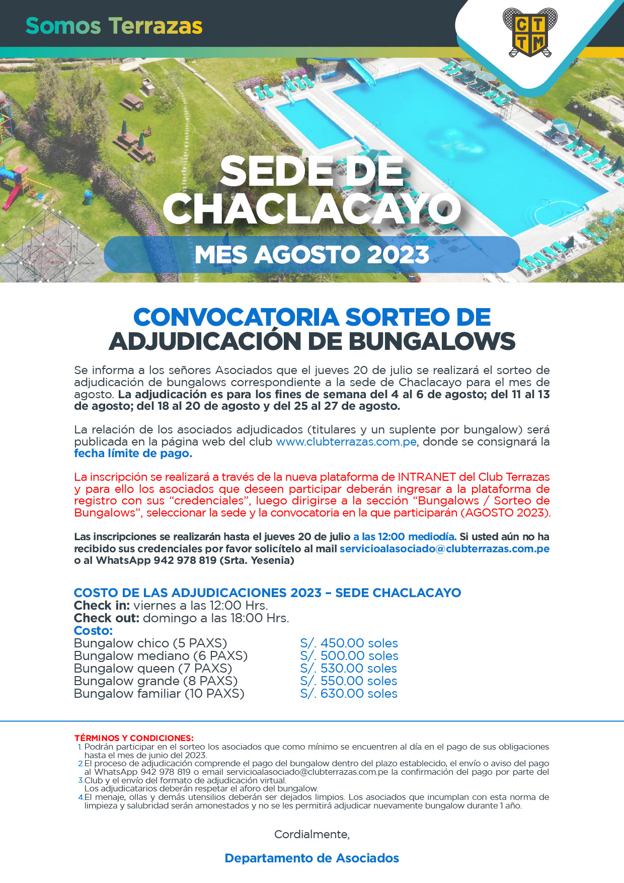 CONVOCATORIA AL SORTEO DE ADJUDICACIÓN DE BUNGALOWS:MES AGOSTO 2023 - SEDE DE CHACLACAYO 