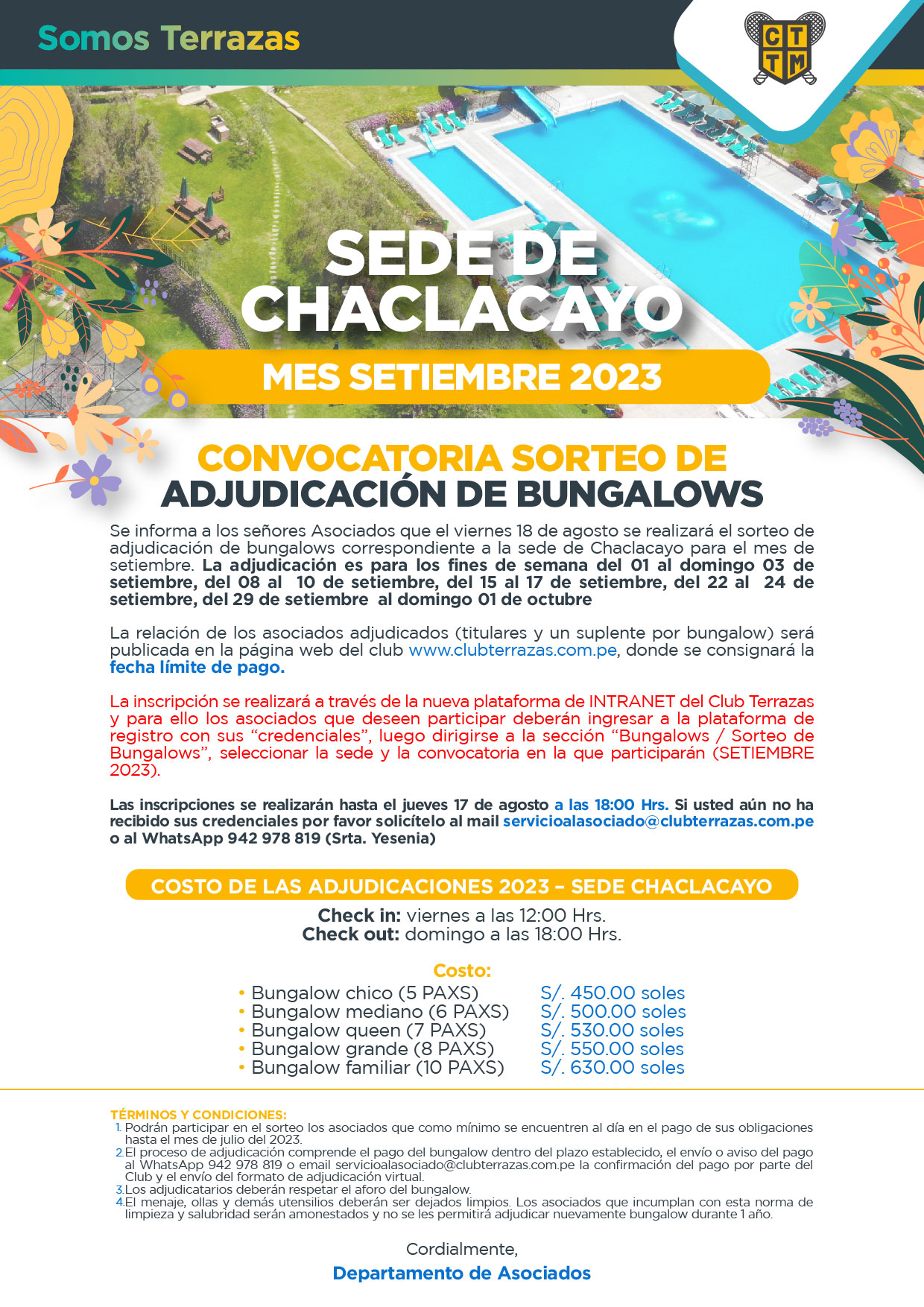 CONVOCATORIA AL SORTEO DE ADJUDICACIÓN DE BUNGALOWS: MES SETIEMBRE 2023 - SEDE DE CHACLACAYO