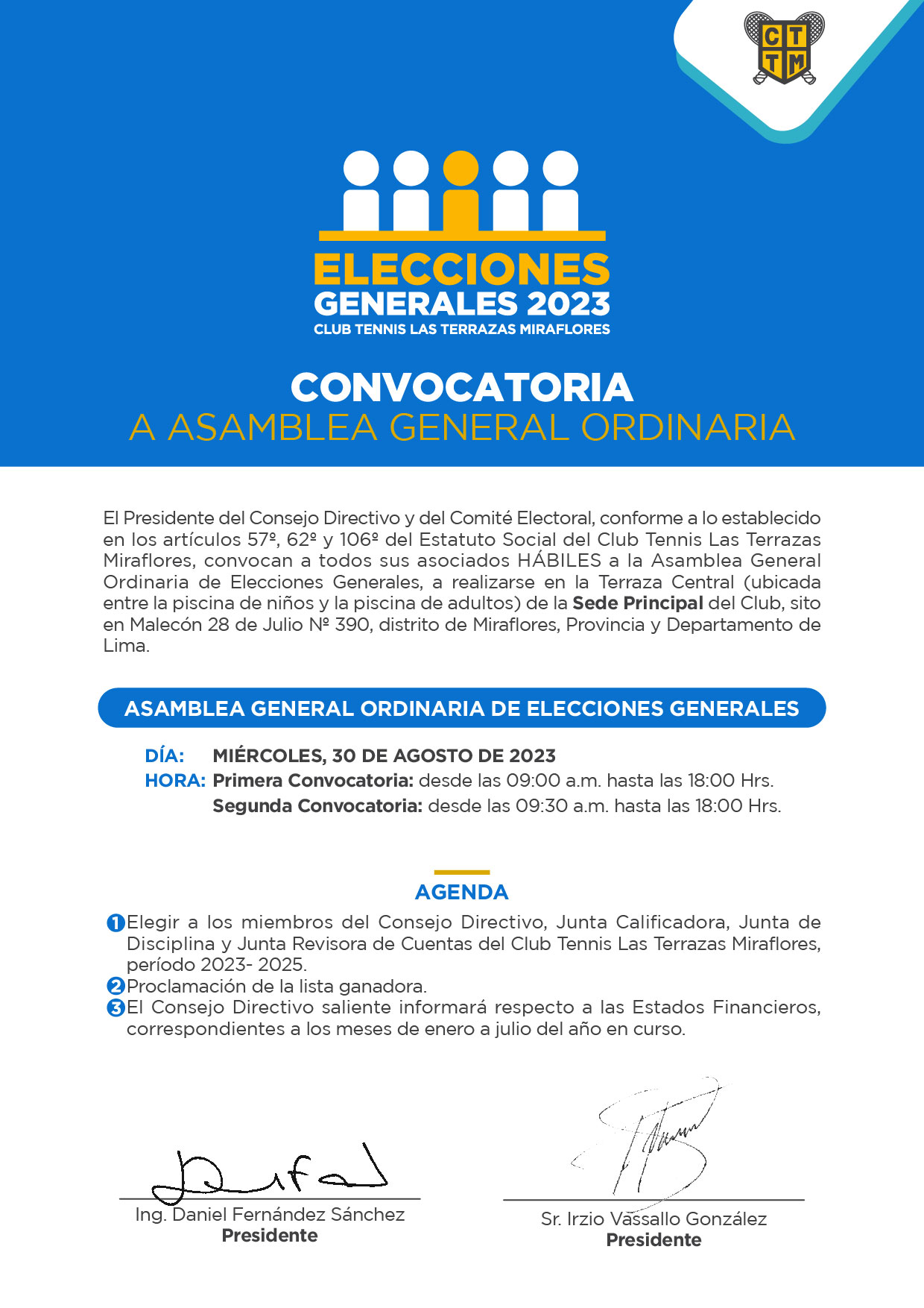 CONVOCATORIA ASAMBLEA GENERAL ORDINARIA DE ELECCIONES GENERALES DEL CLUB TENNIS LAS TERRAZAS MIRAFLORES