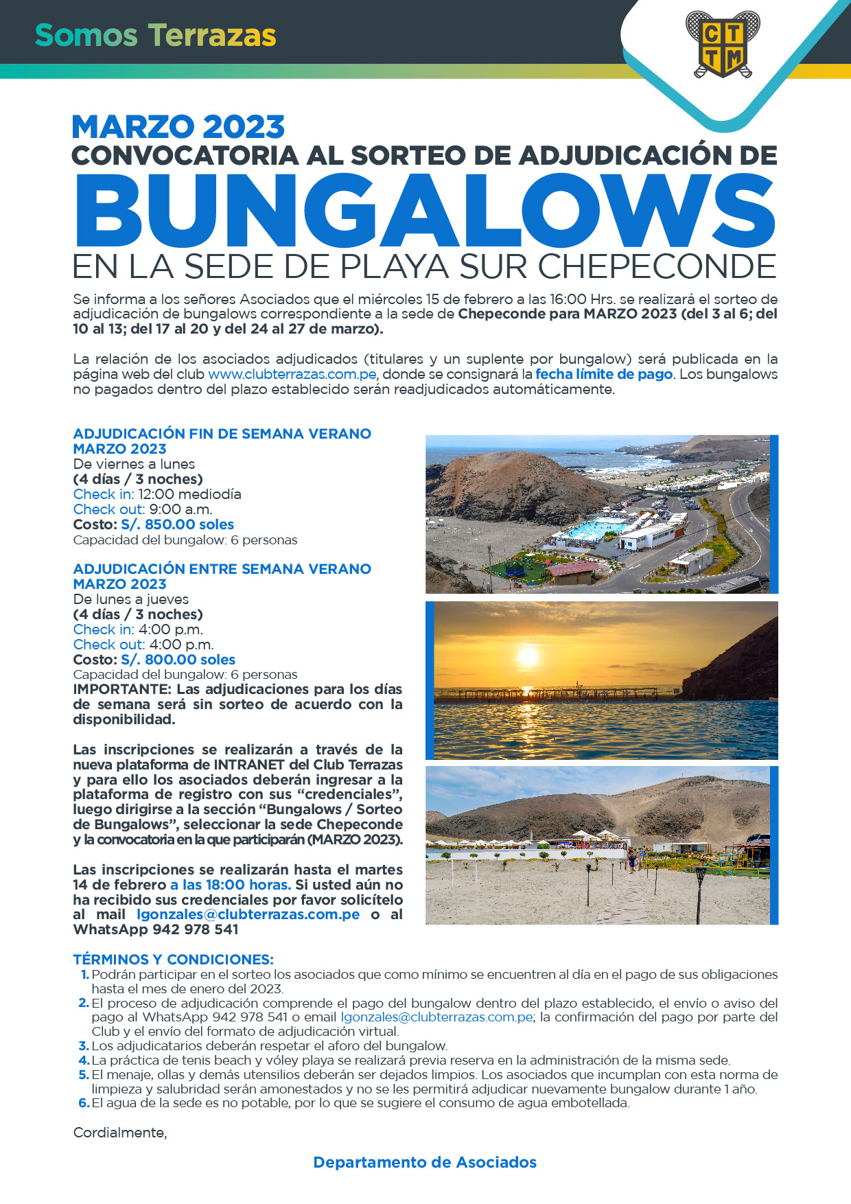 CONVOCATORIA SORTEO DE BUNGALOWS SEDE PLAYA SUR CHEPECONDE: MARZO 2023