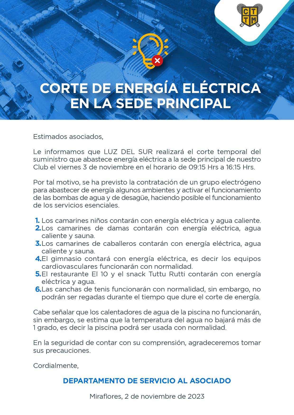 CORTE DE ENERGÍA ELÉCTRICA EN LA SEDE PRINCIPAL