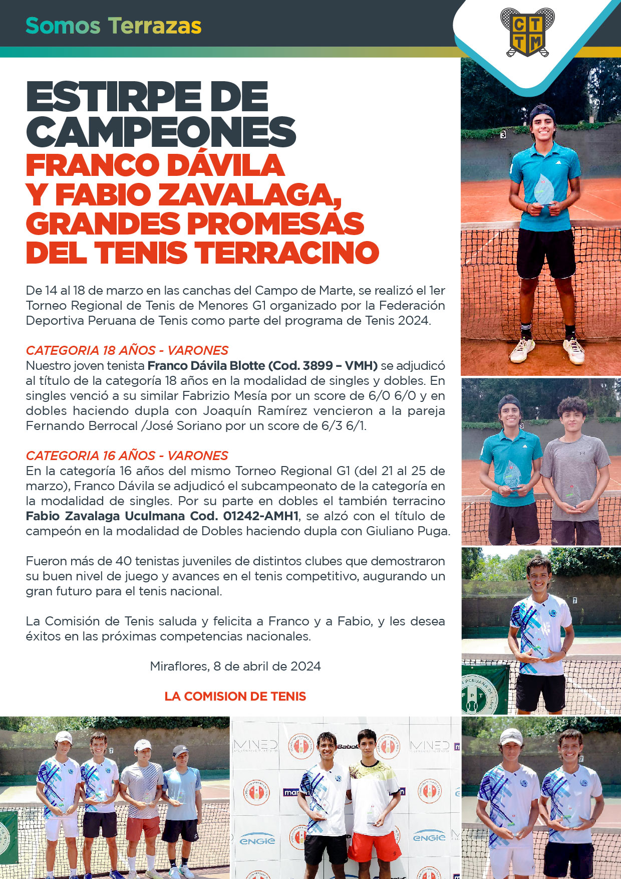 ESTIRPE DE CAMPEONES: FRANCO DÁVILA Y FABIO ZAVALAGA, GRANDES PROMESAS DEL TENIS TERRACINO