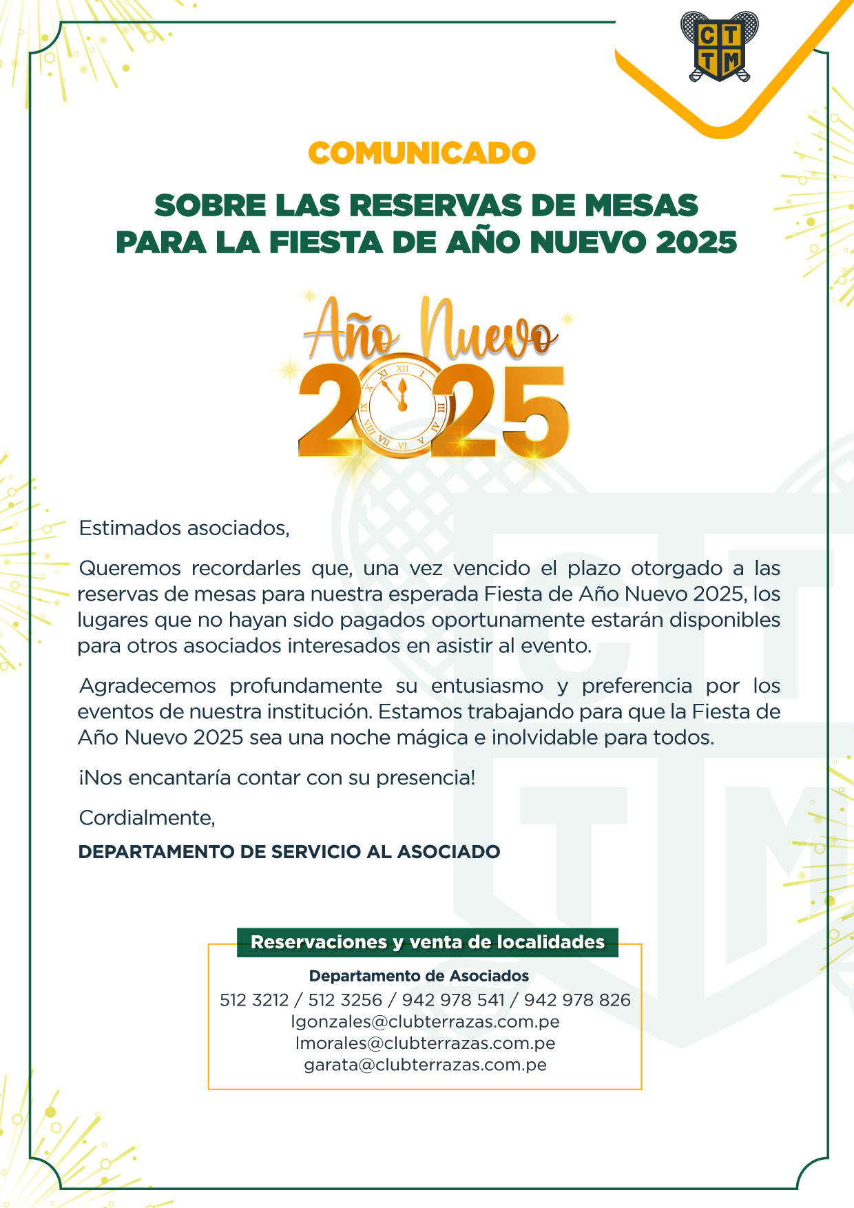 🎉 COMUNICADO SOBRE RESERVAS DE MESAS PARA LA FIESTA DE AÑO NUEVO 2025 🎉