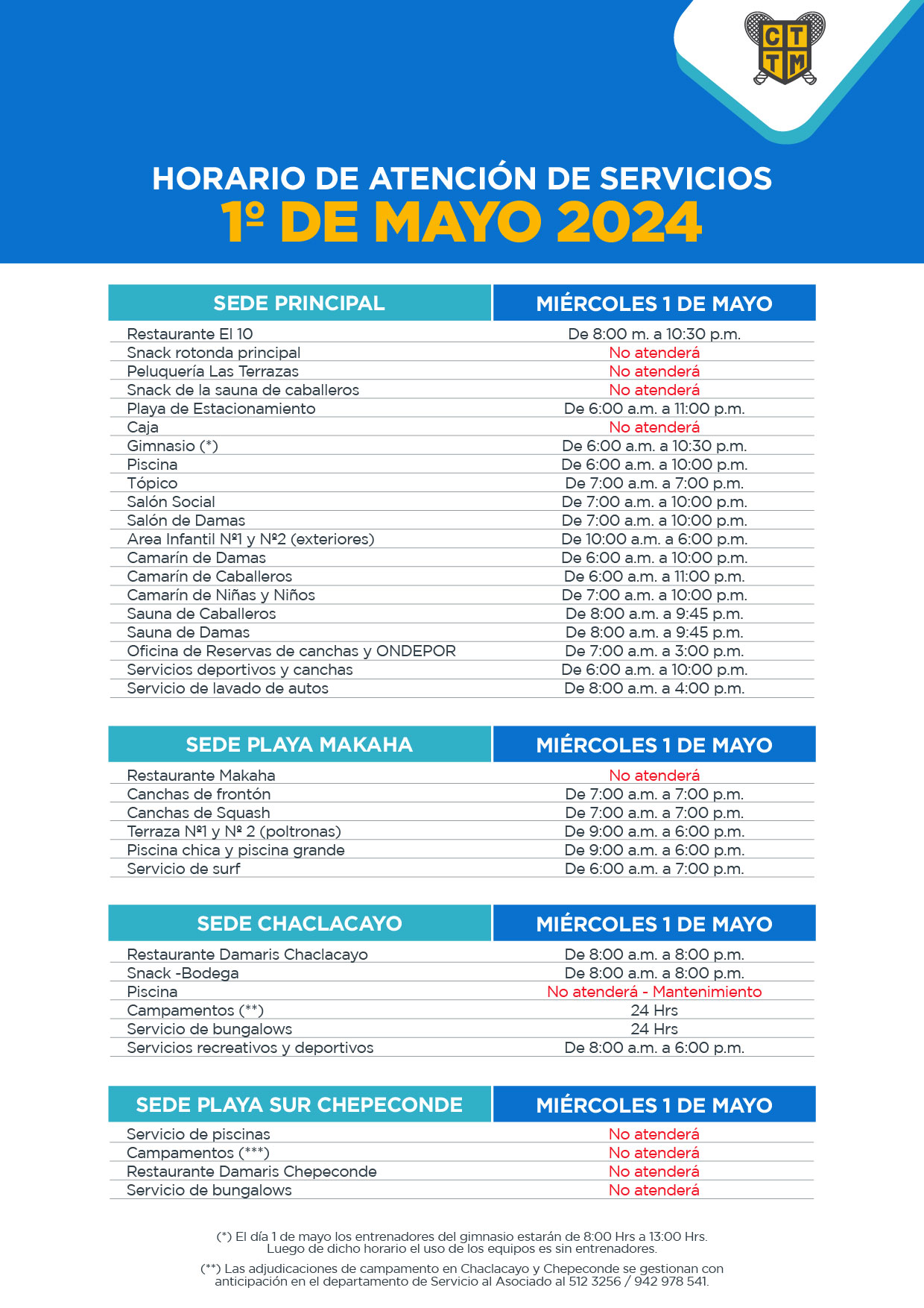 HORARIO DE ATENCIÓN DE SERVICIOS: MIÉRCOLES 1º DE MAYO 2024	