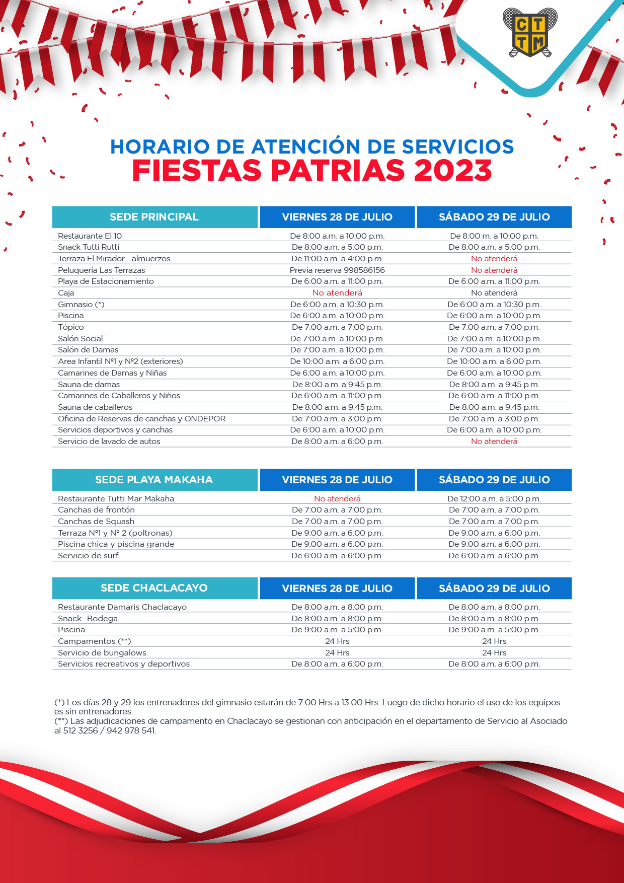 HORARIO DE ATENCIÓN DE SERVICIOS - FIESTAS PATRIAS 2023