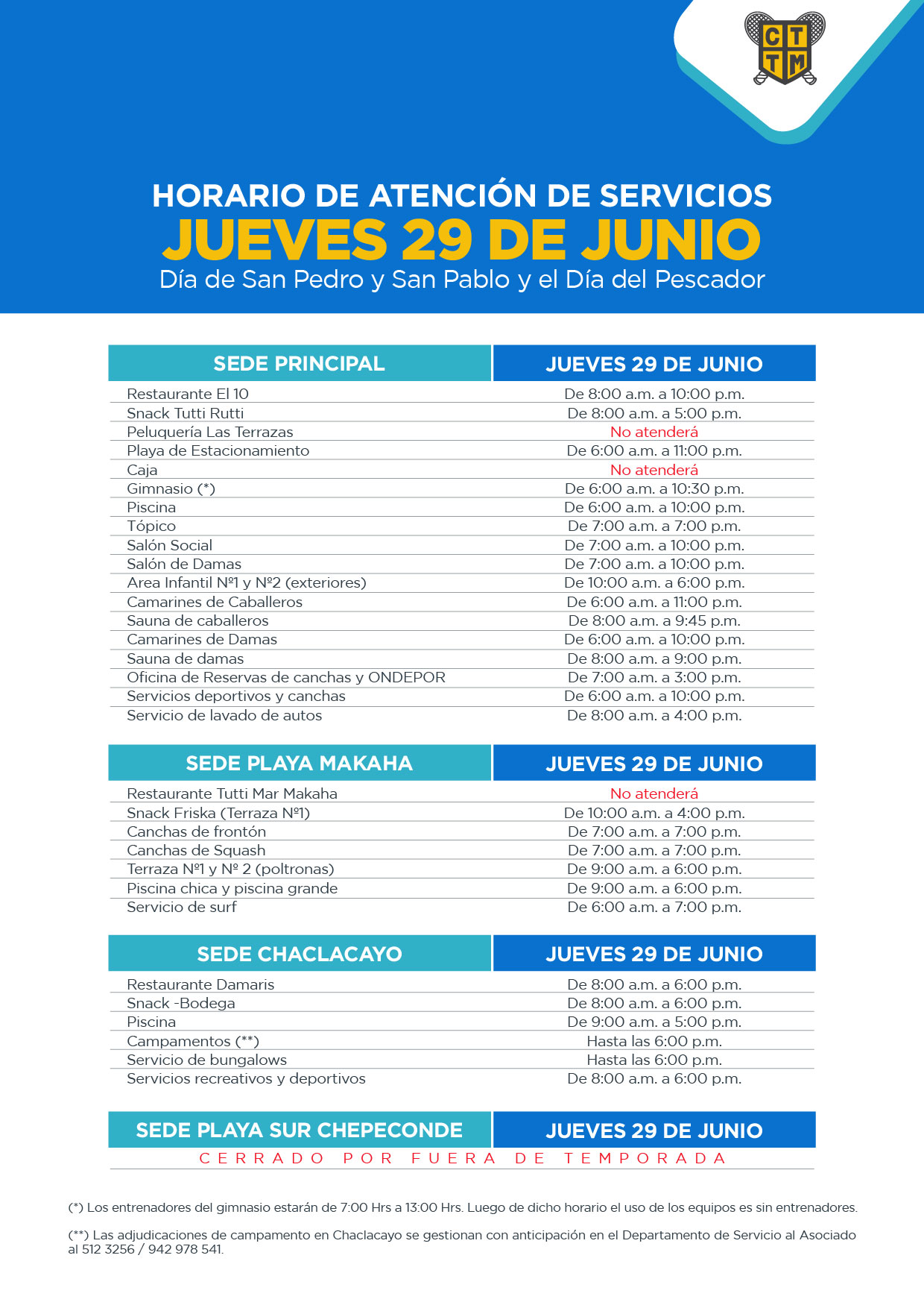 HORARIO DE ATENCIÓN: JUEVES 29 DE JUNIO - DÍA DE SAN PEDRO Y SAN PABLO Y DÍA DEL PESCADOR