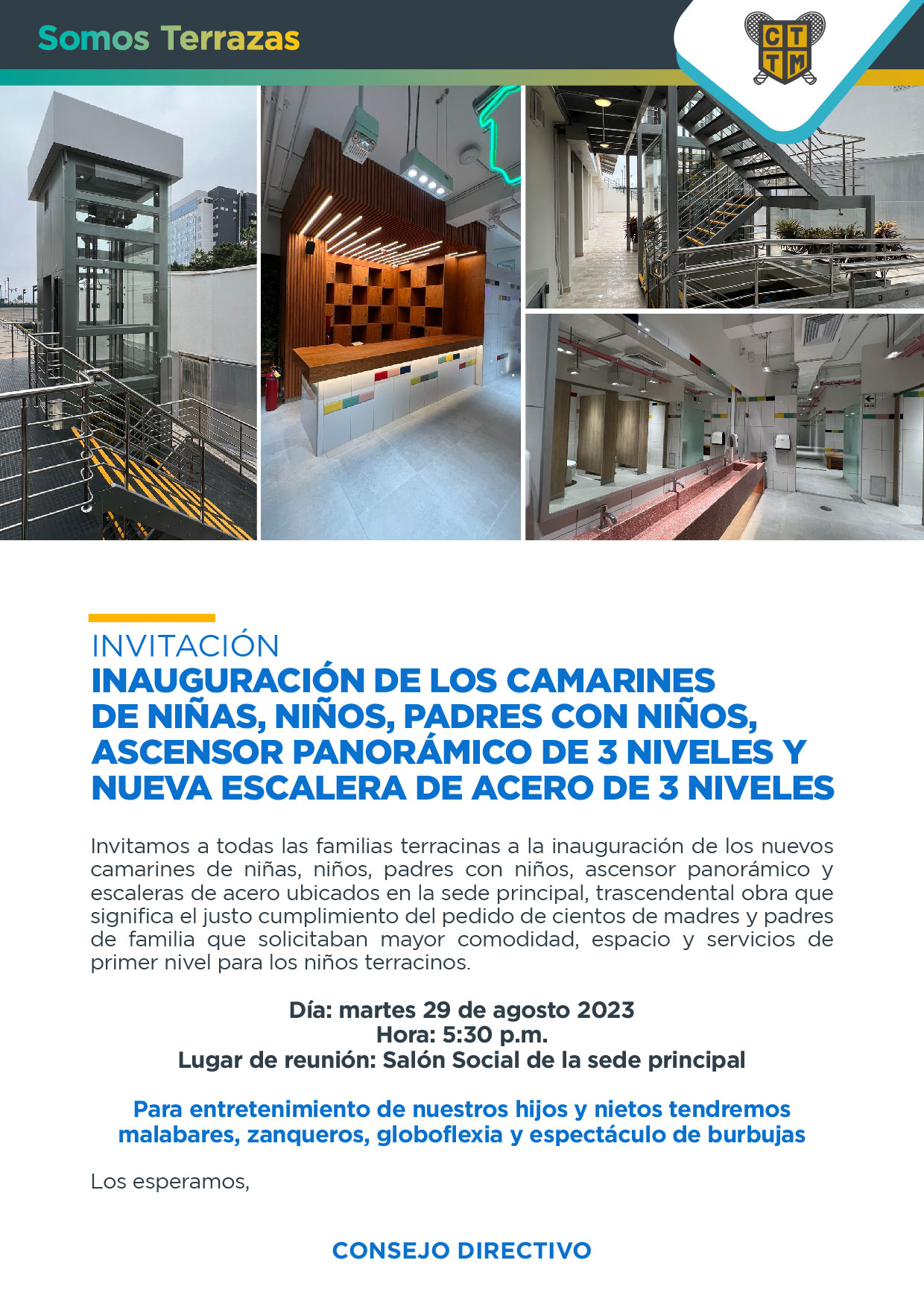 INVITACIÓN: INAUGURACIÓN DE LOS CAMARINES DE NIÑAS, NIÑOS, PADRES CON NIÑOS, ASCENSOR PANORÁMICO DE 3 NIVELES Y NUEVA ESCALERA DE ACERO DE 3 NIVELES