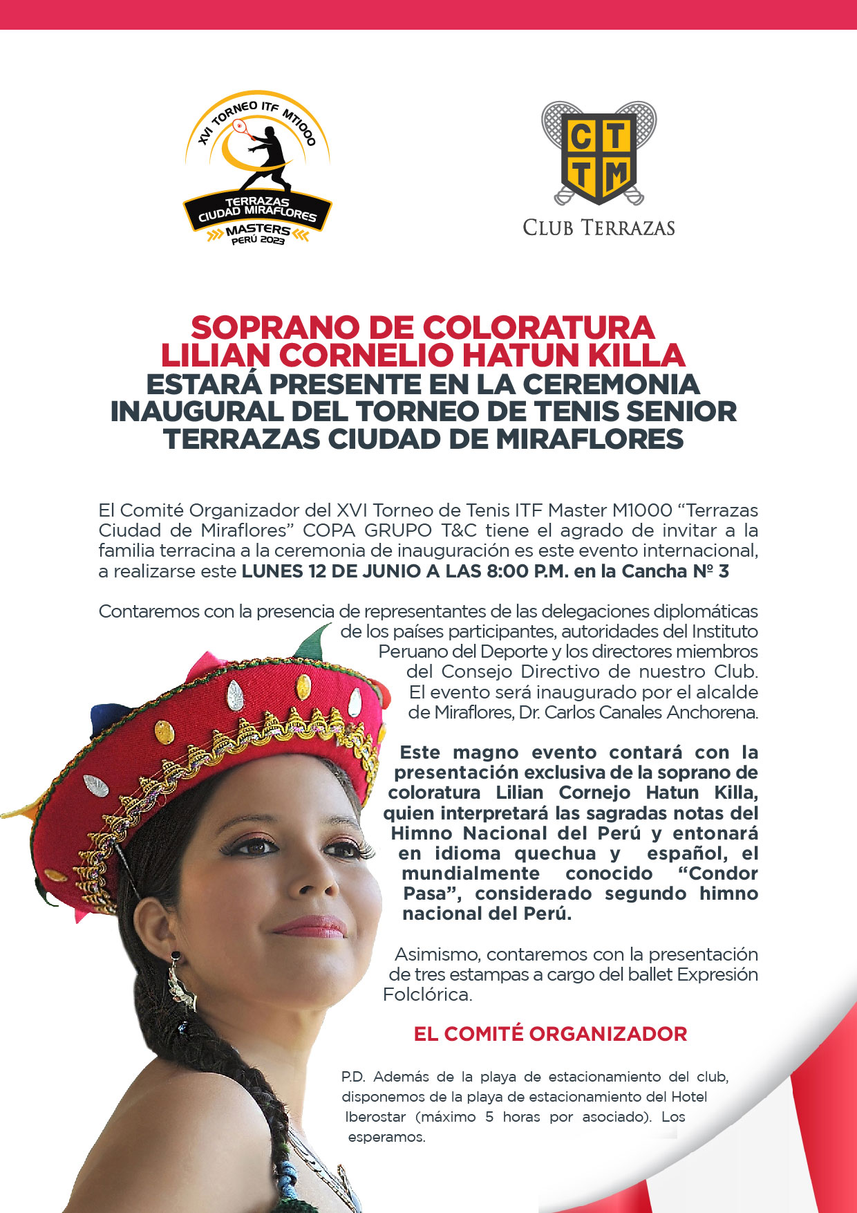 SOPRANO DE COLORATURA LILIAN CORNELIO HATUN KILLA ESTARÁ PRESENTE EN LA CEREMONIA INAUGURAL DEL TORNEO DE TENIS SENIOR TERRAZAS CIUDAD DE MIRAFLORES