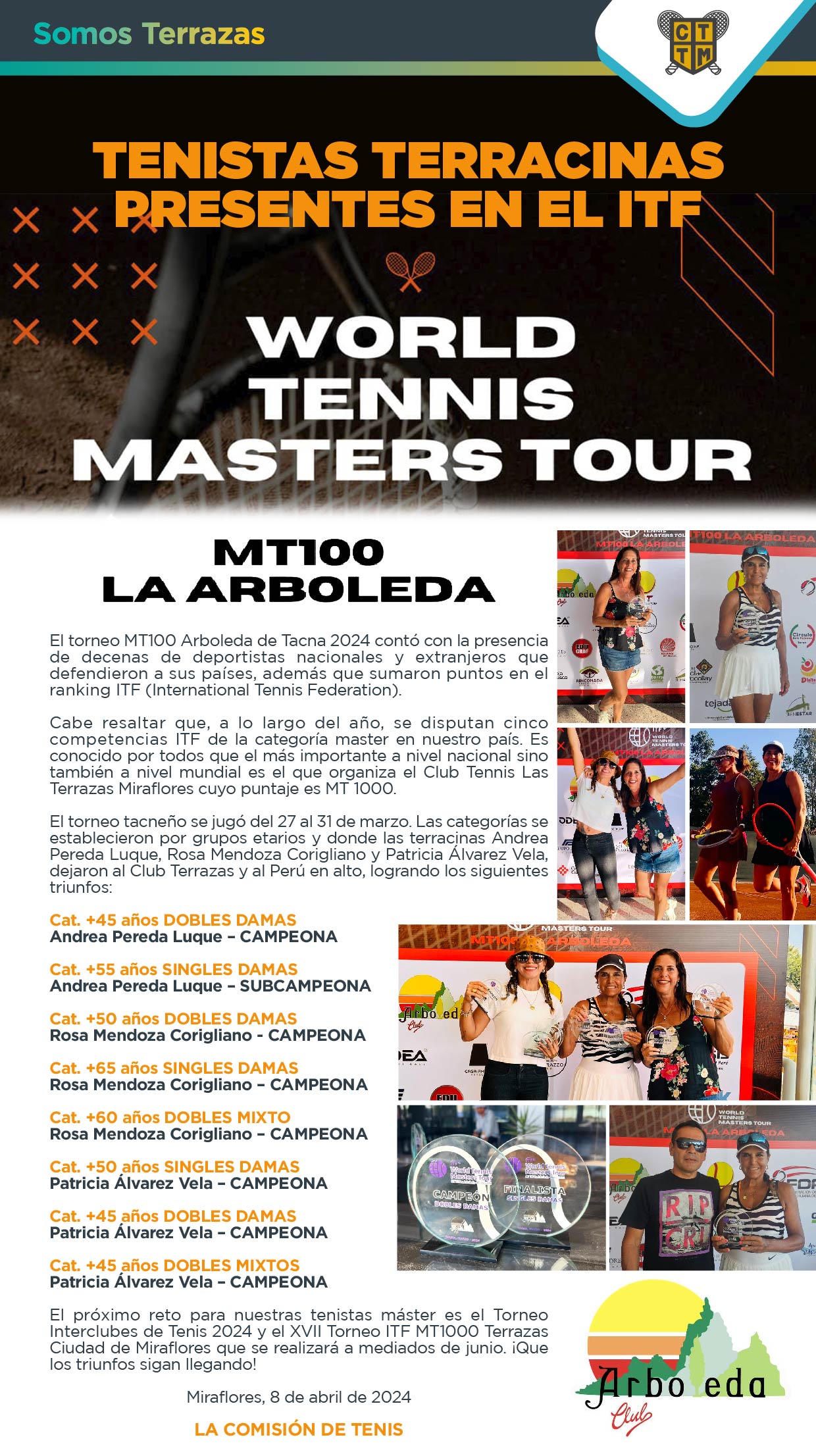 TENISTAS TERRACINAS PRESENTES EN EL ITF WORLD TENNIS MASTER TOUR MT100 ARBOLEDA - TACNA 2024