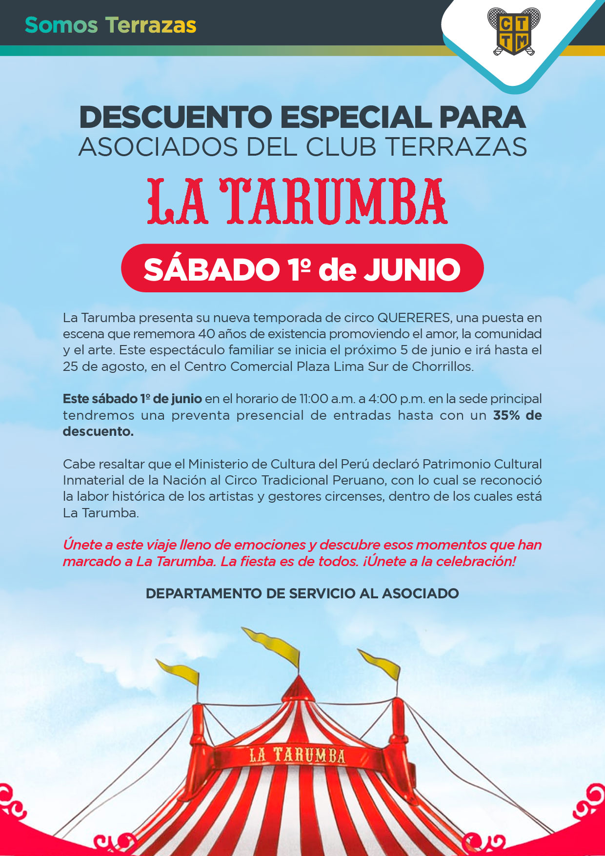 DESCUENTO ESPECIAL PARA ASOCIADOS DEL CLUB TERRAZAS EN LA TARUMBA