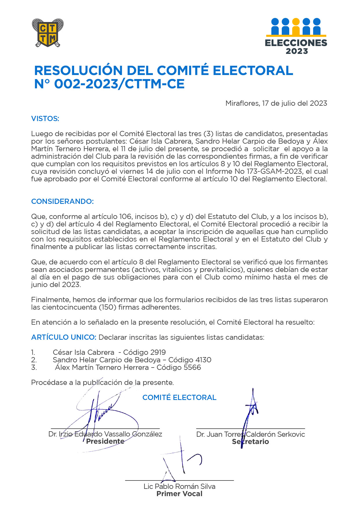 RESOLUCIÓN DEL COMITÉ ELECTORAL N° 002-2023/CTTM-CE