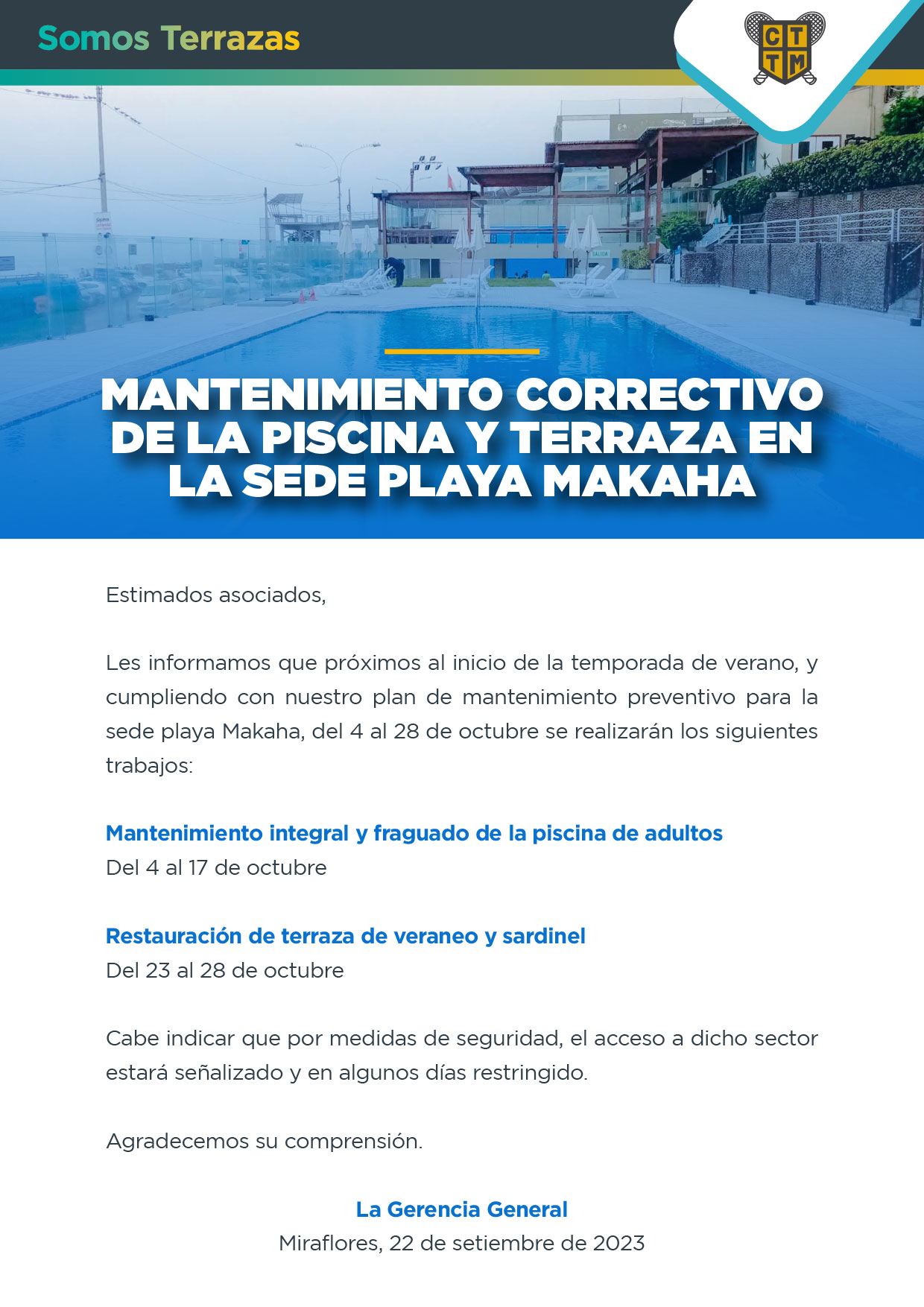 MANTENIMIENTO CORRECTIVO DE LA PISCINA Y TERRAZA EN LA SEDE PLAYA MAKAHA