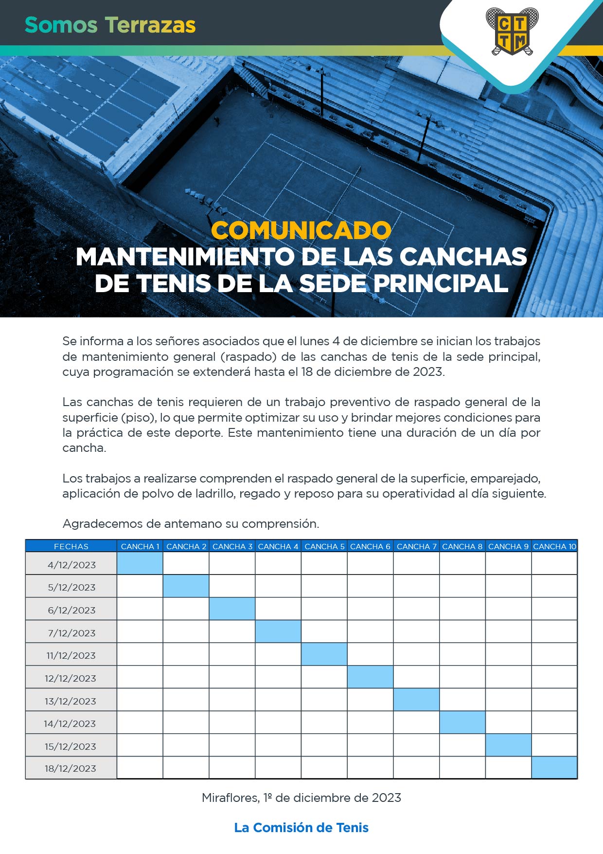 MANTENIMIENTO DE LAS CANCHAS DE TENIS  DE LA SEDE PRINCIPAL