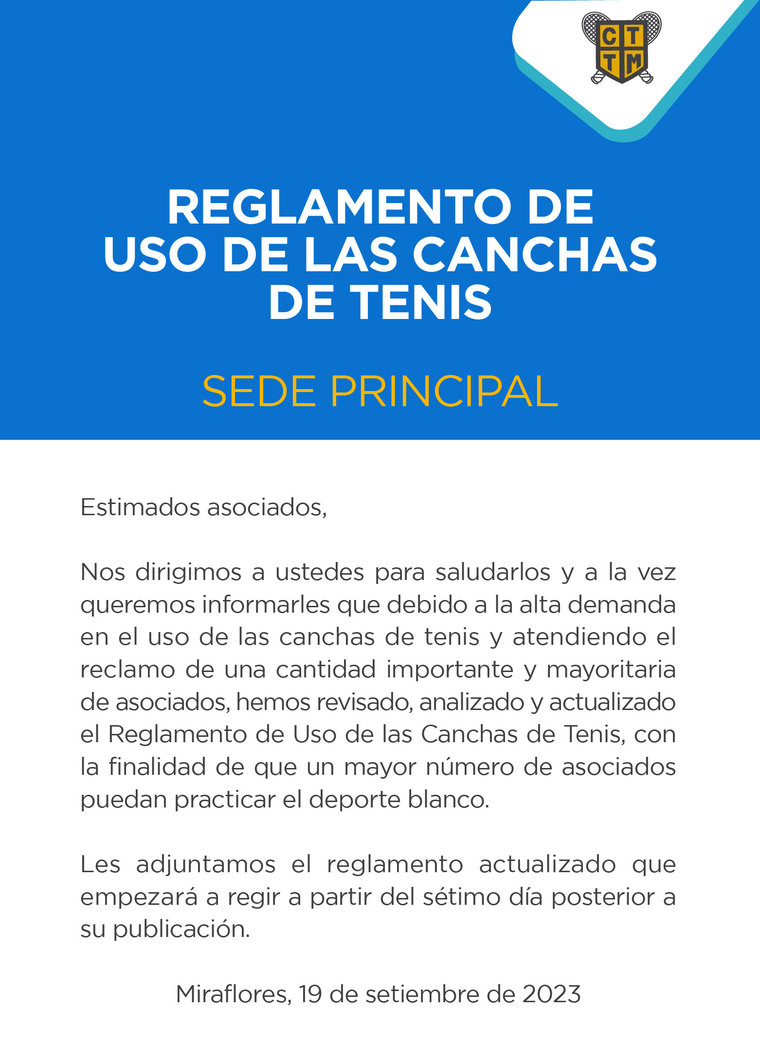 REGLAMENTO DE USO DE LAS CANCHAS DE TENIS - SEDE PRINCIPAL