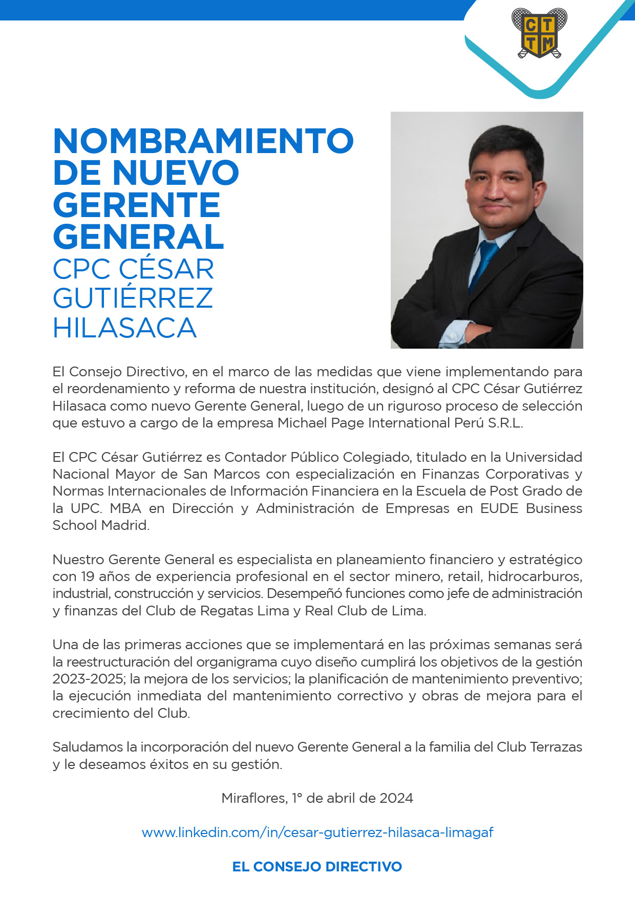 NOMBRAMIENTO DE NUEVO GERENTE GENERAL: CPC CÉSAR GUTIÉRREZ HILASACA