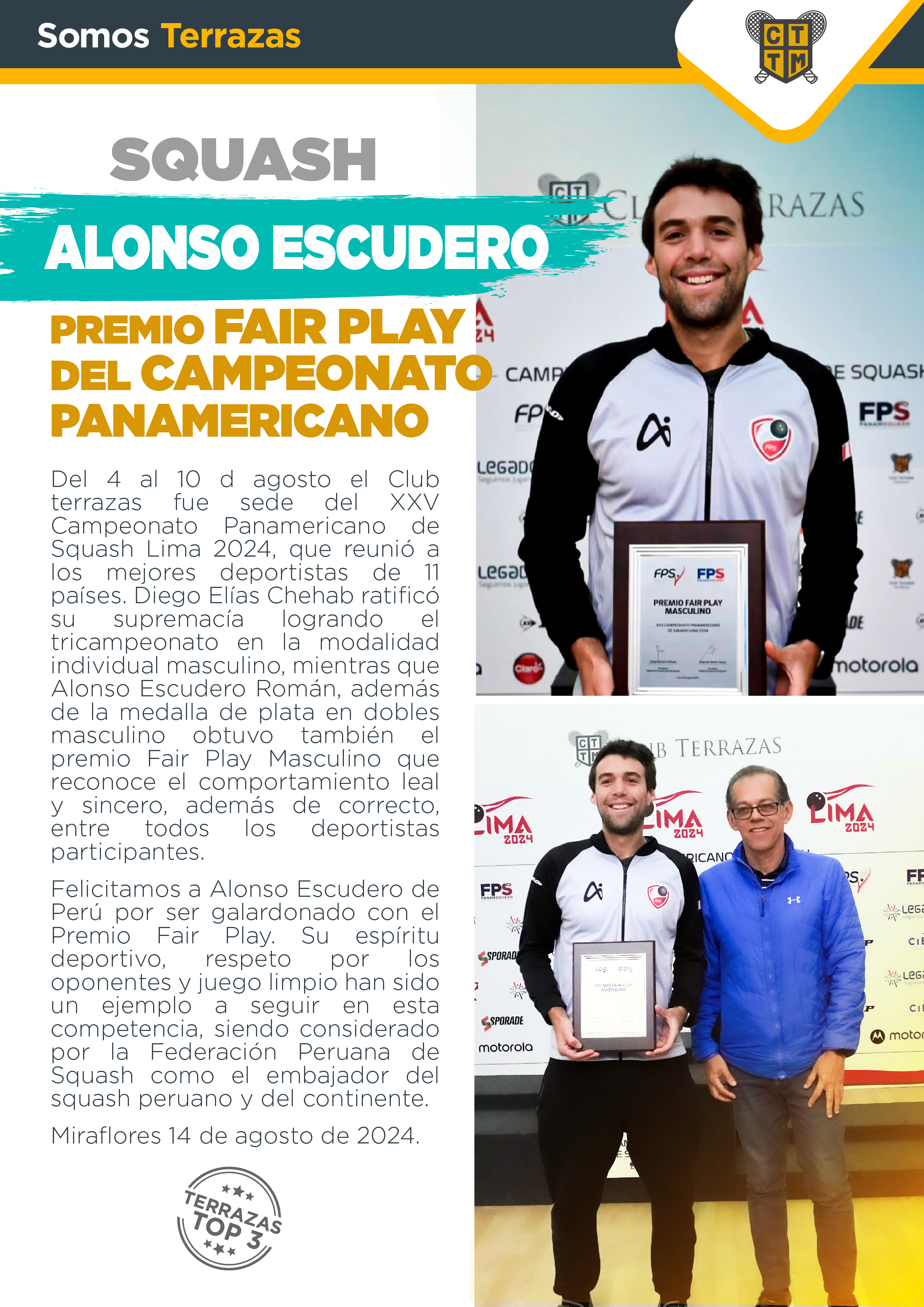 ALONSO ESCUDERO, PREMIO FAIR PLAY DEL CAMPEONATO PANAMERICANO DE SQUASH
