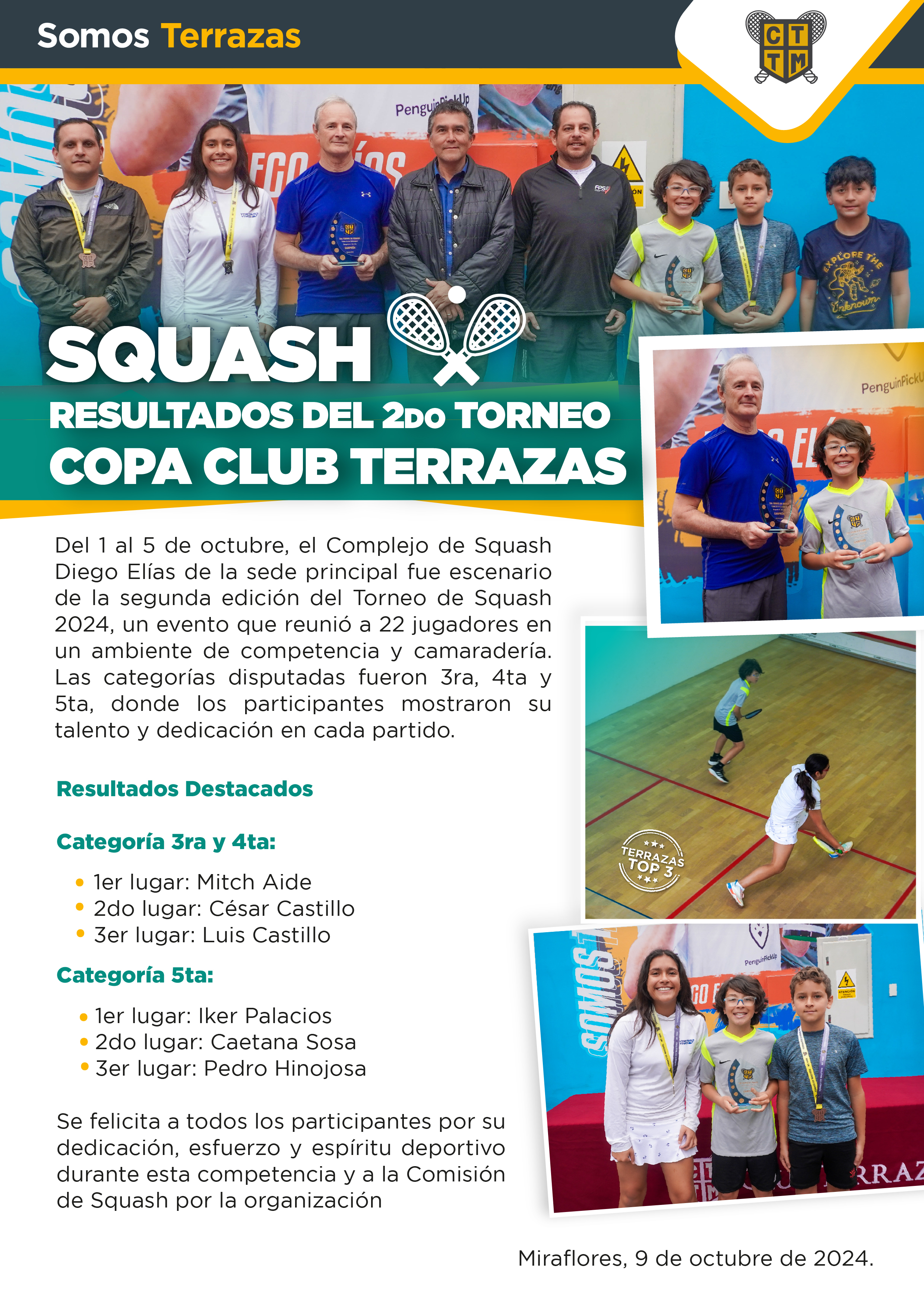 SQUASH: RESULTADOS DEL 2DO TORNEO “COPA CLUB TERRAZAS”