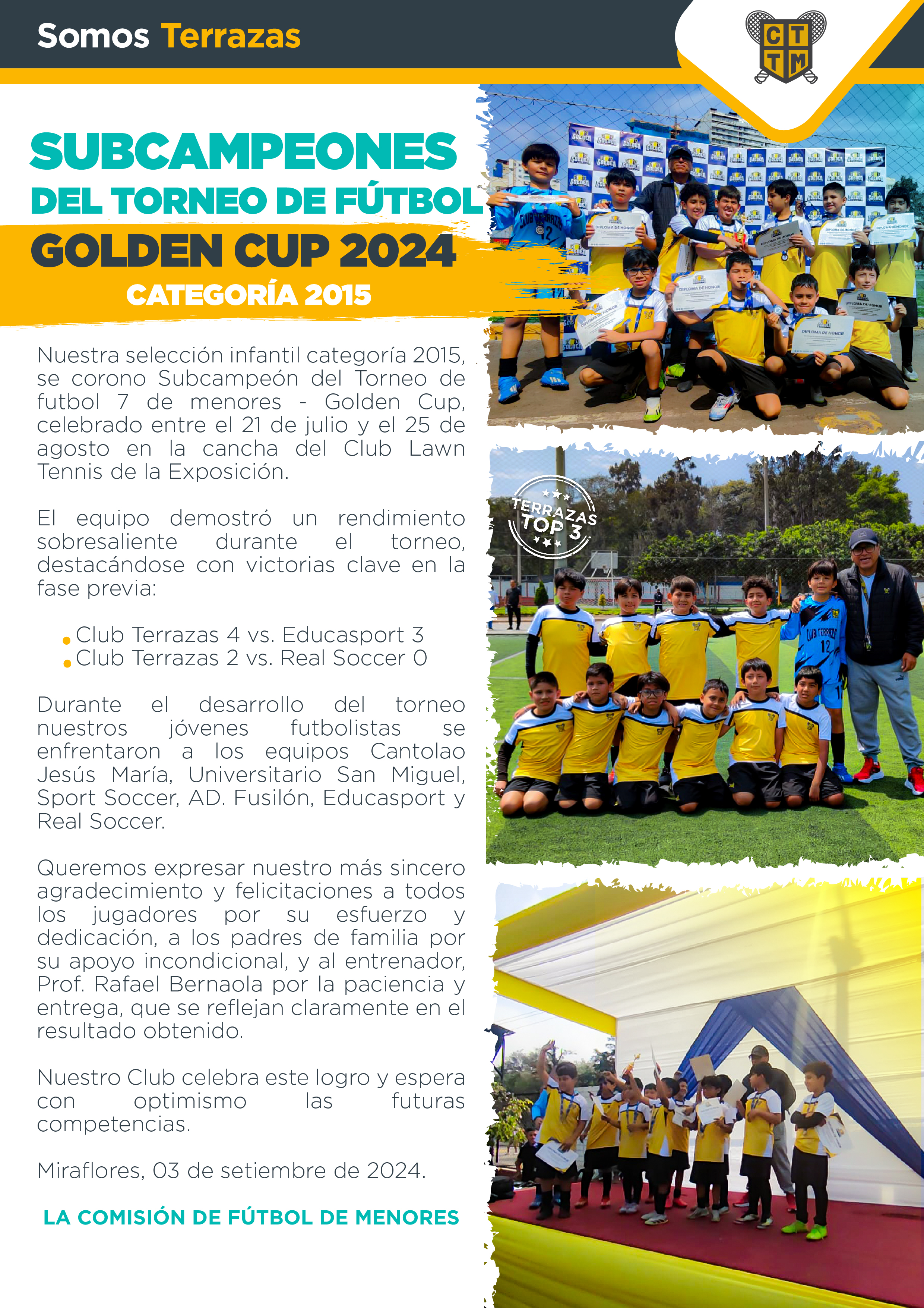 SUBCAMPEONES  DEL TORNEO DE FÚTBOL GOLDEN CUP 2024 -  CATEGORÍA 2015