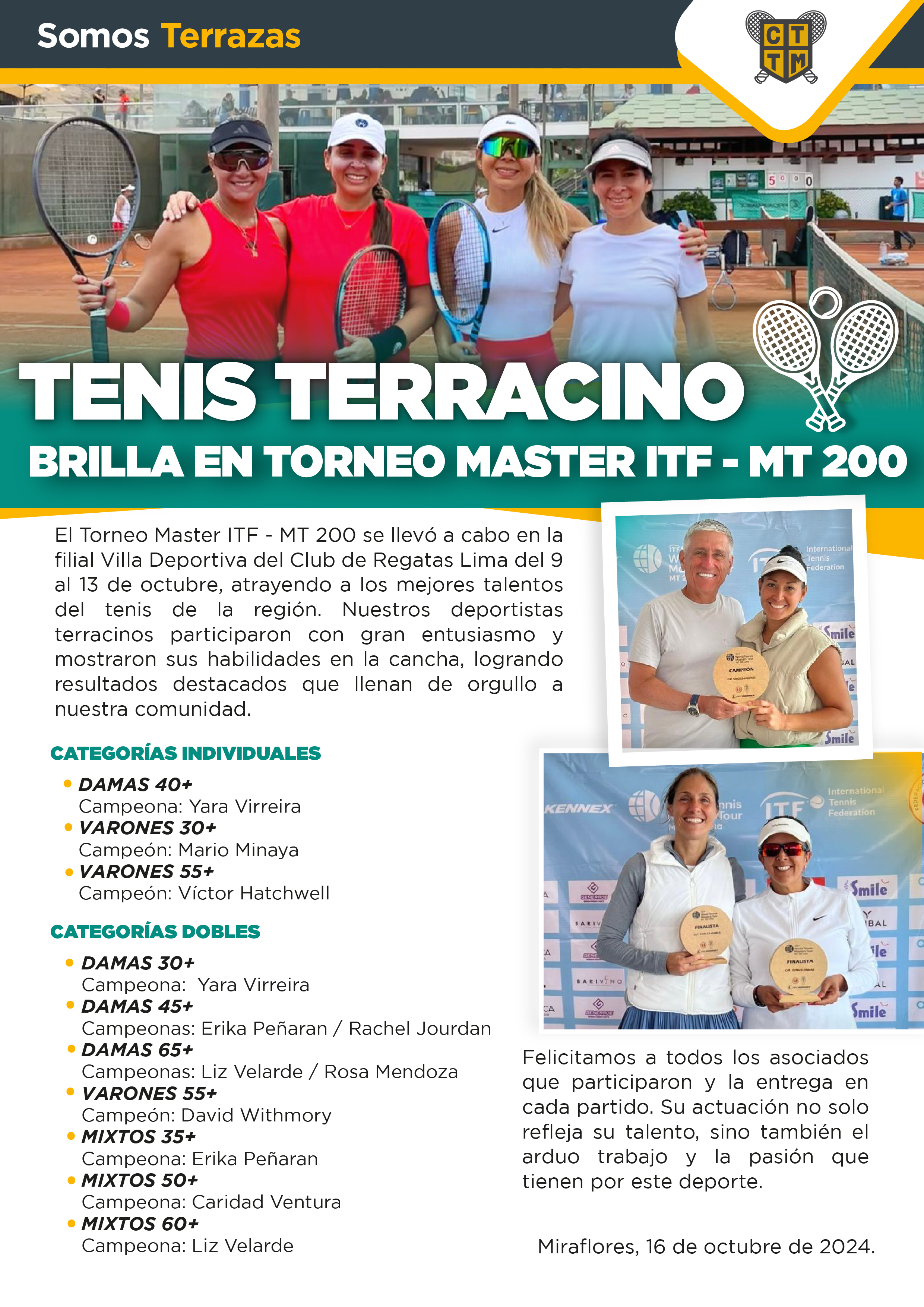 TENIS TERRACINO BRILLA EN ITF MASTER TOUR 200 DE LIMA