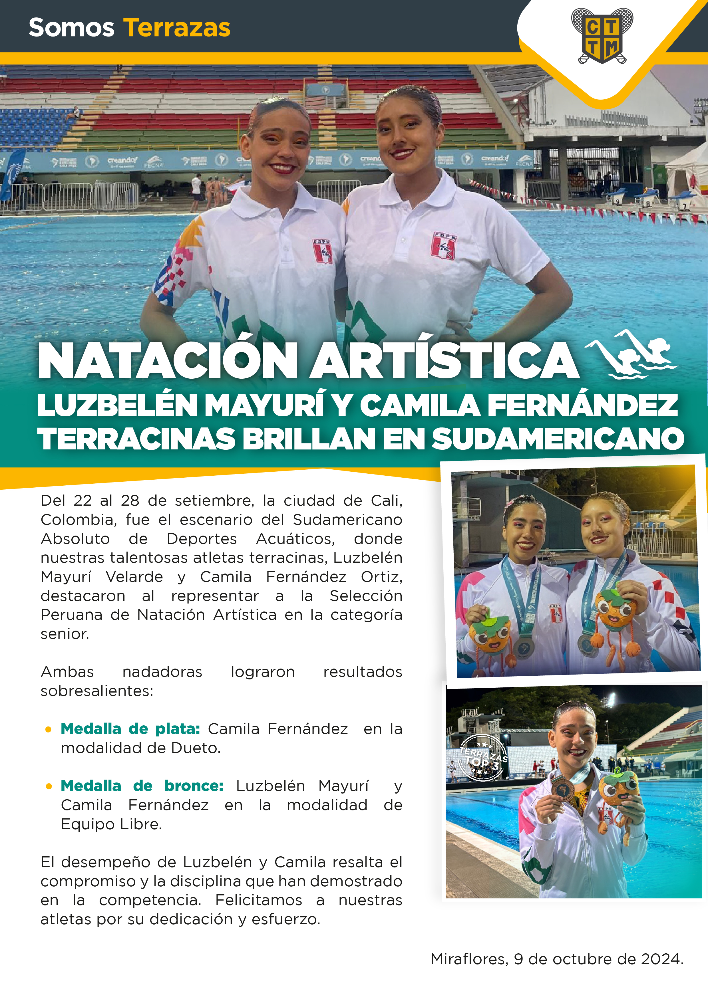 NATACIÓN ARTÍSTICA: LUZBELÉN MAYURÍ Y CAMILA FERNÁNDEZ, TERRACINAS BRILLAN EN SUDAMERICANO 