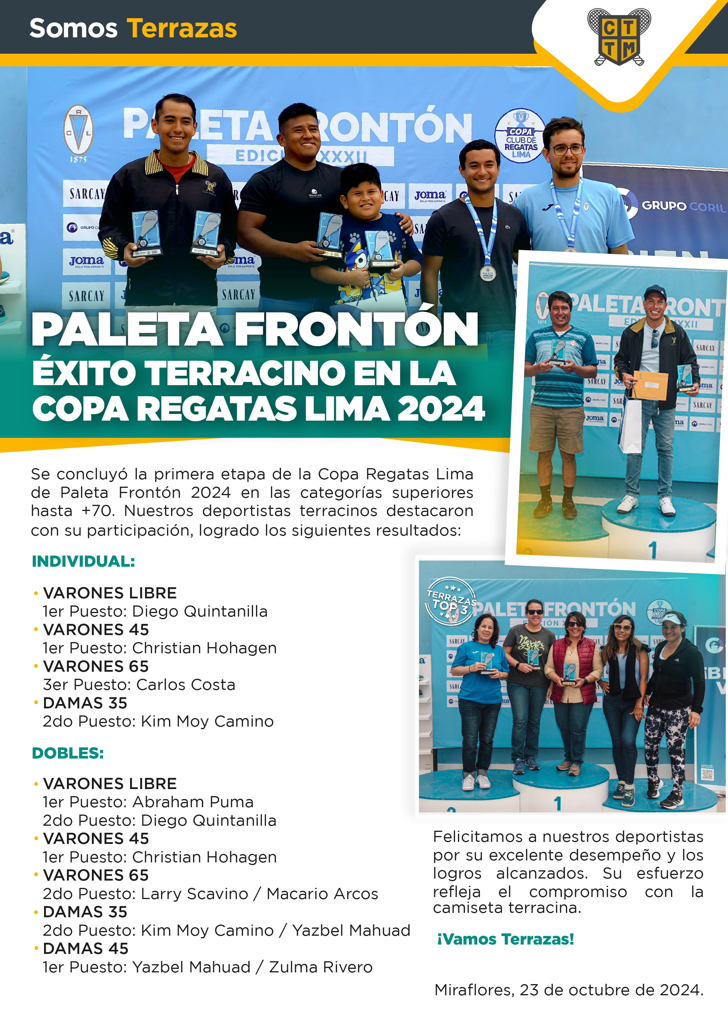 ÉXITO TERRACINO EN LA COPA REGATAS LIMA DE PALETA FRONTÓN 2024