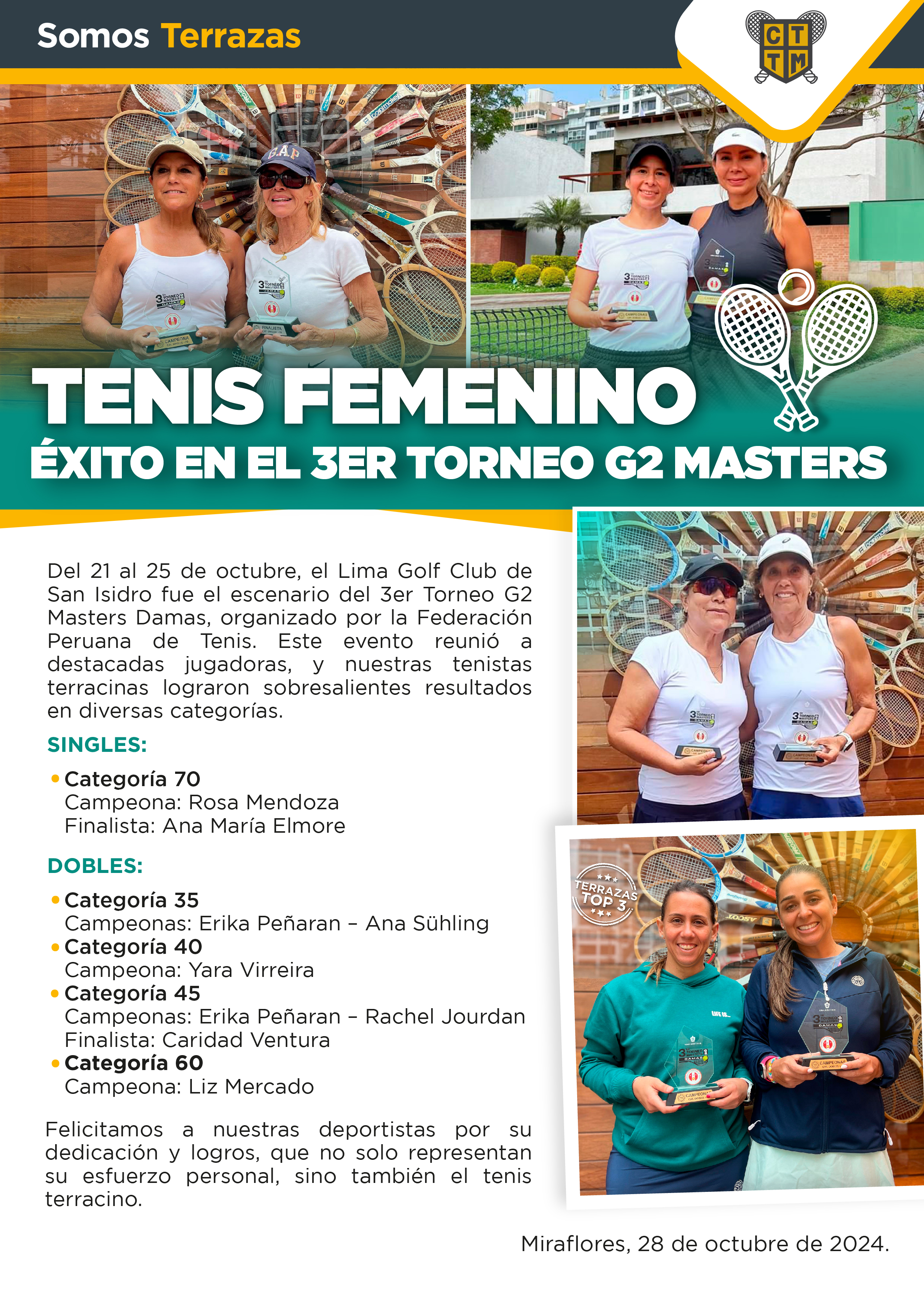 TENIS FEMENINO, ÉXITO EN EL 3ER TORNEO G2 MASTERS 