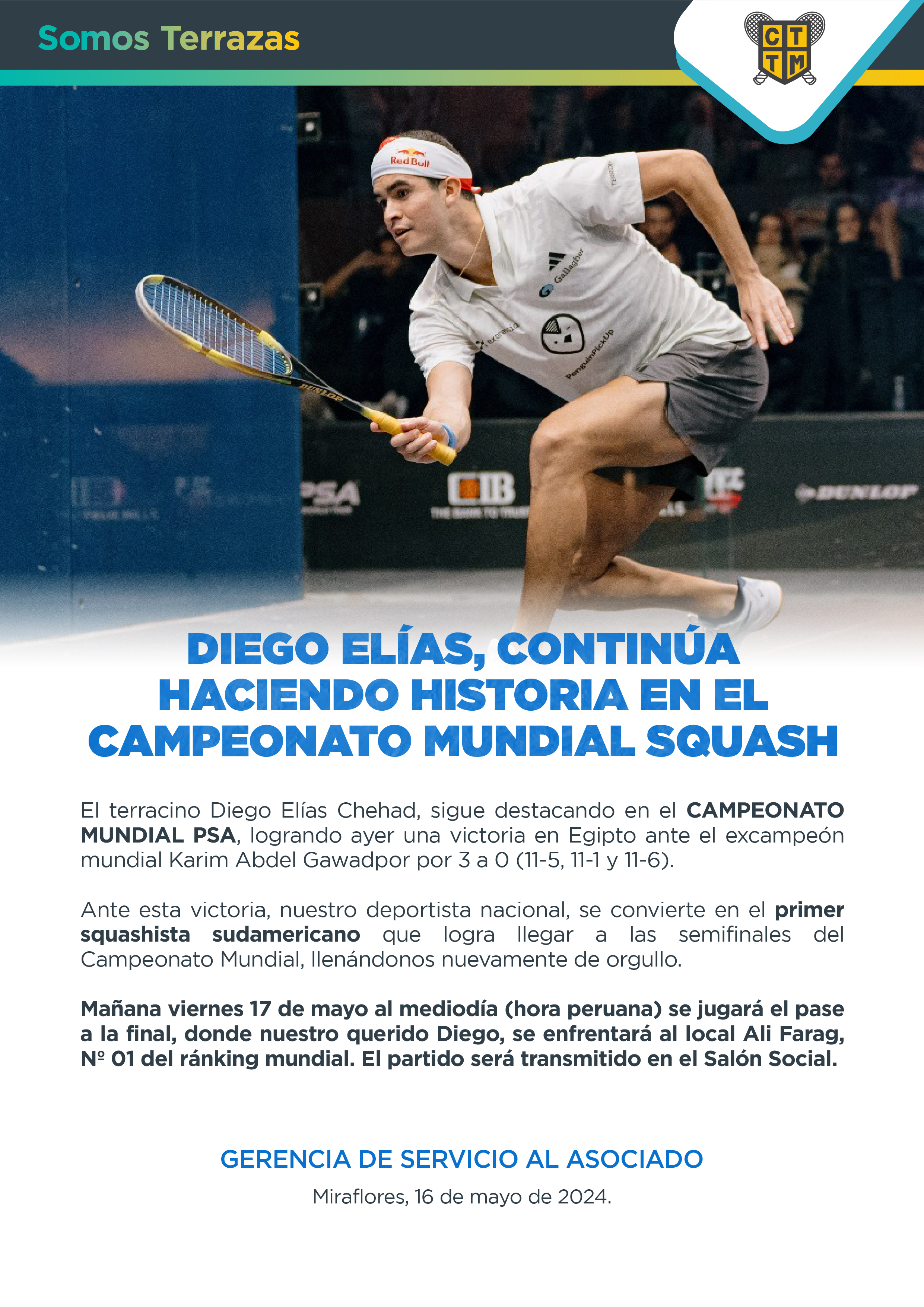 DIEGO ELÍAS, CONTINÚA HACIENDO HISTORIA EN EL CAMPEONATO MUNDIAL SQUASH