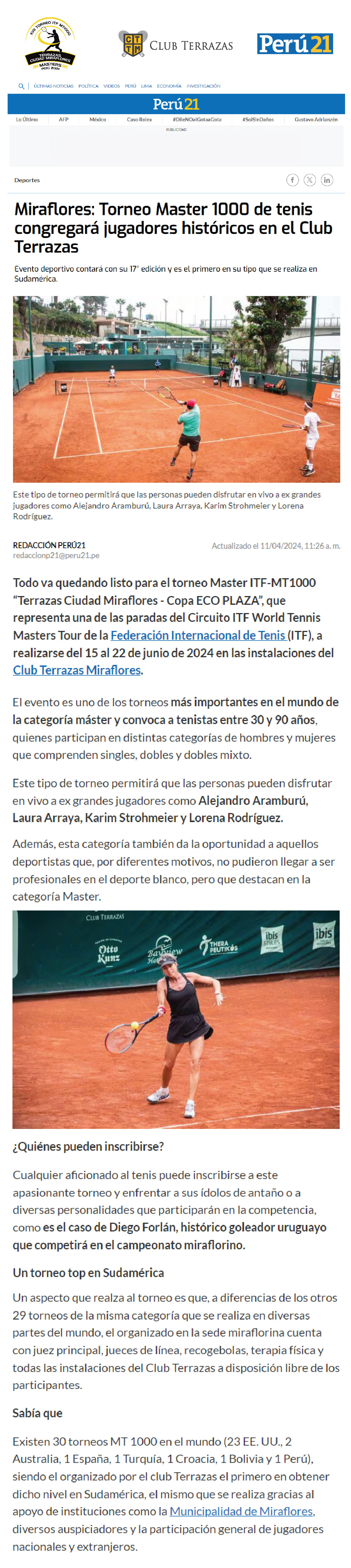 TORNEO MASTER 1000 DE TENIS CONGREGARÁ JUGADORES HISTÓRICOS EN EL CLUB TERRAZAS