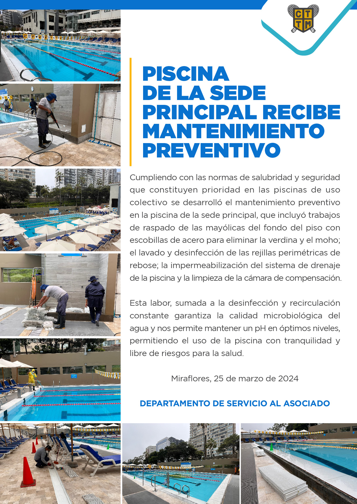 PISCINA DE LA SEDE PRINCIPAL RECIBE MANTENIMIENTO PREVENTIVO