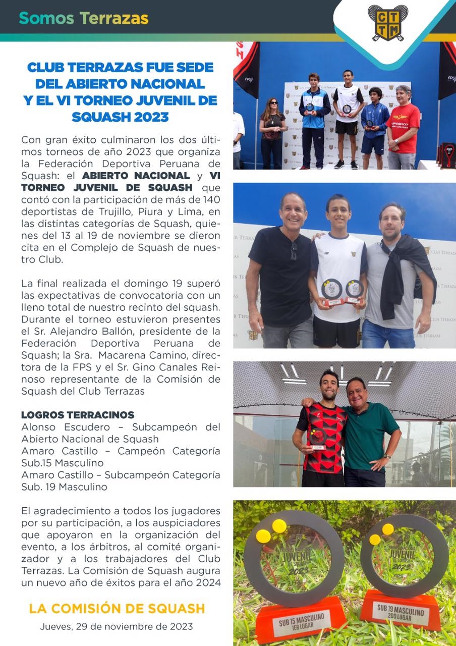 CLUB TERRAZAS FUE SEDE DEL ABIERTO NACIONAL Y EL VI TORNEO JUVENIL DE SQUASH 2023