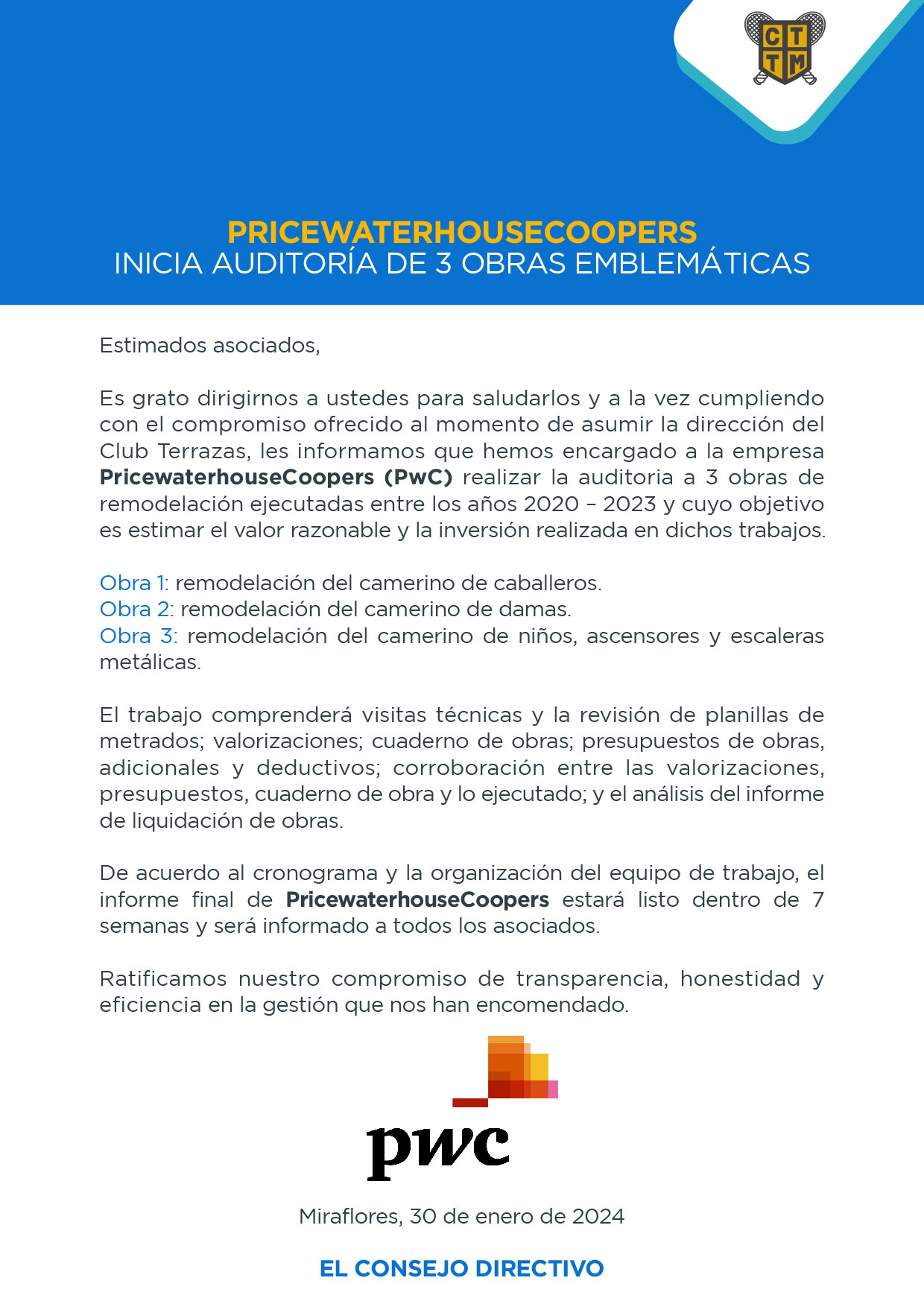 PRICEWATERHOUSECOOPERS INICIA AUDITORÍA DE 3 OBRAS EMBLEMÁTICAS 