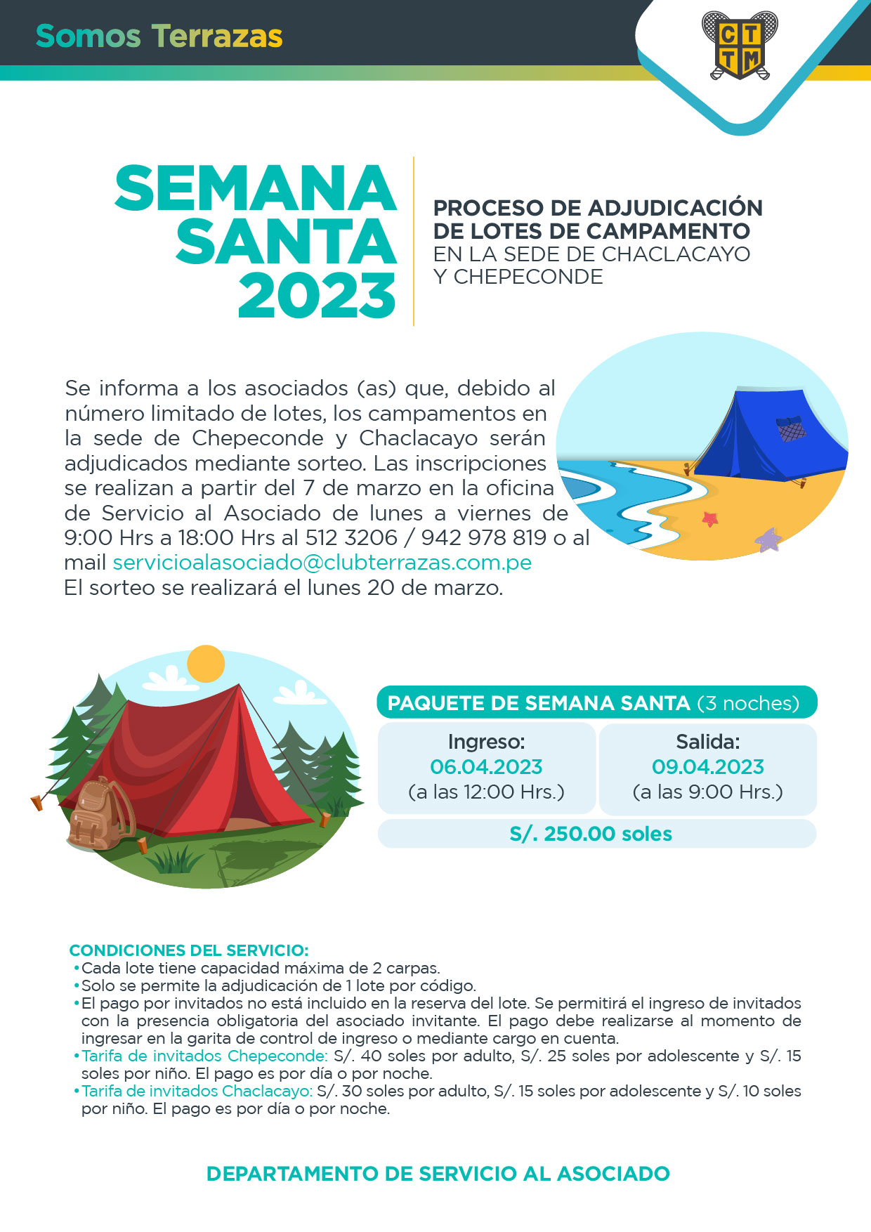 PROCESO DE ADJUDICACIÓN DE LOTES DE CAMPAMENTO EN LA SEDE DE CHACLACAYO Y CHEPECONDE: SEMANA SANTA  2023